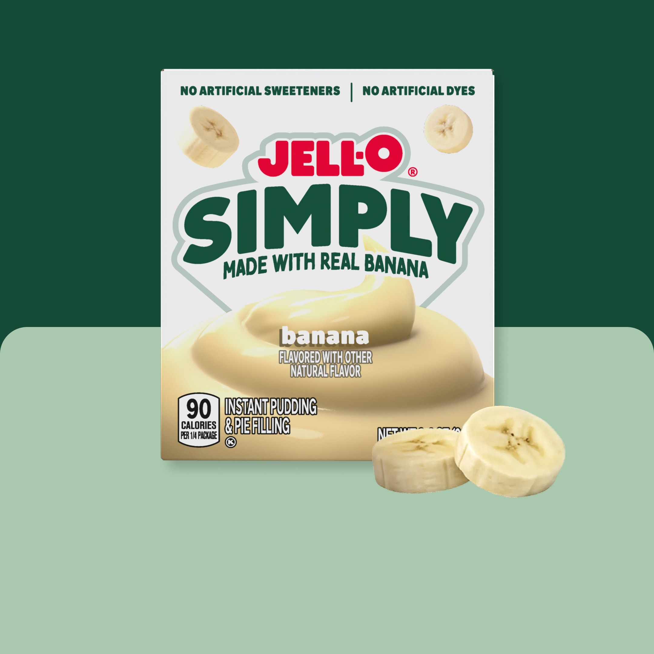 Jell-O Simply Banana Instant Pudding box with banana slices. Made with real banana and no artificial dyes.