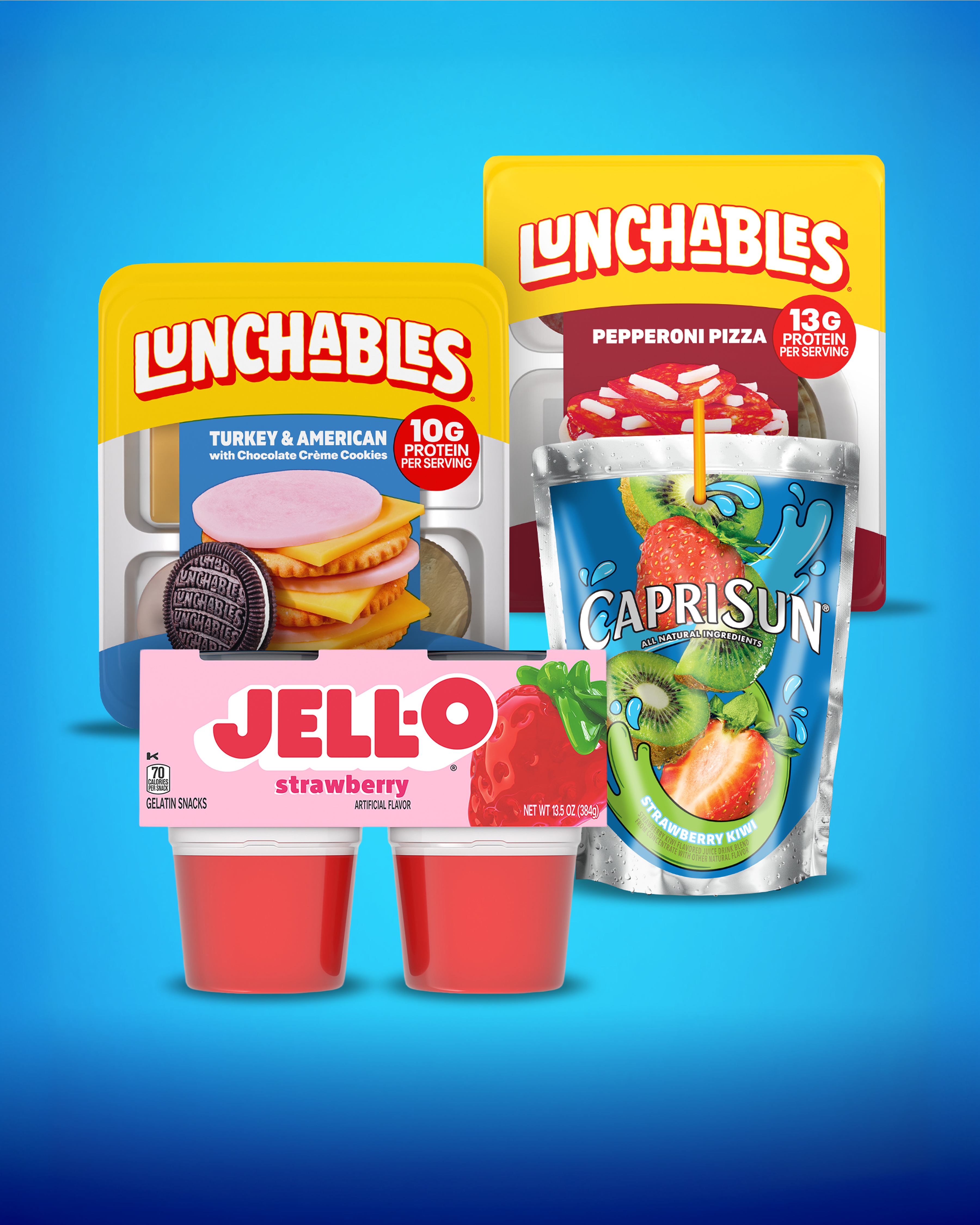 Shop Lunchbox faves with Lunchables Turkey & American, Pepperoni Pizza, Capri Sun pouch, and JELL-O strawberry gelatin.
