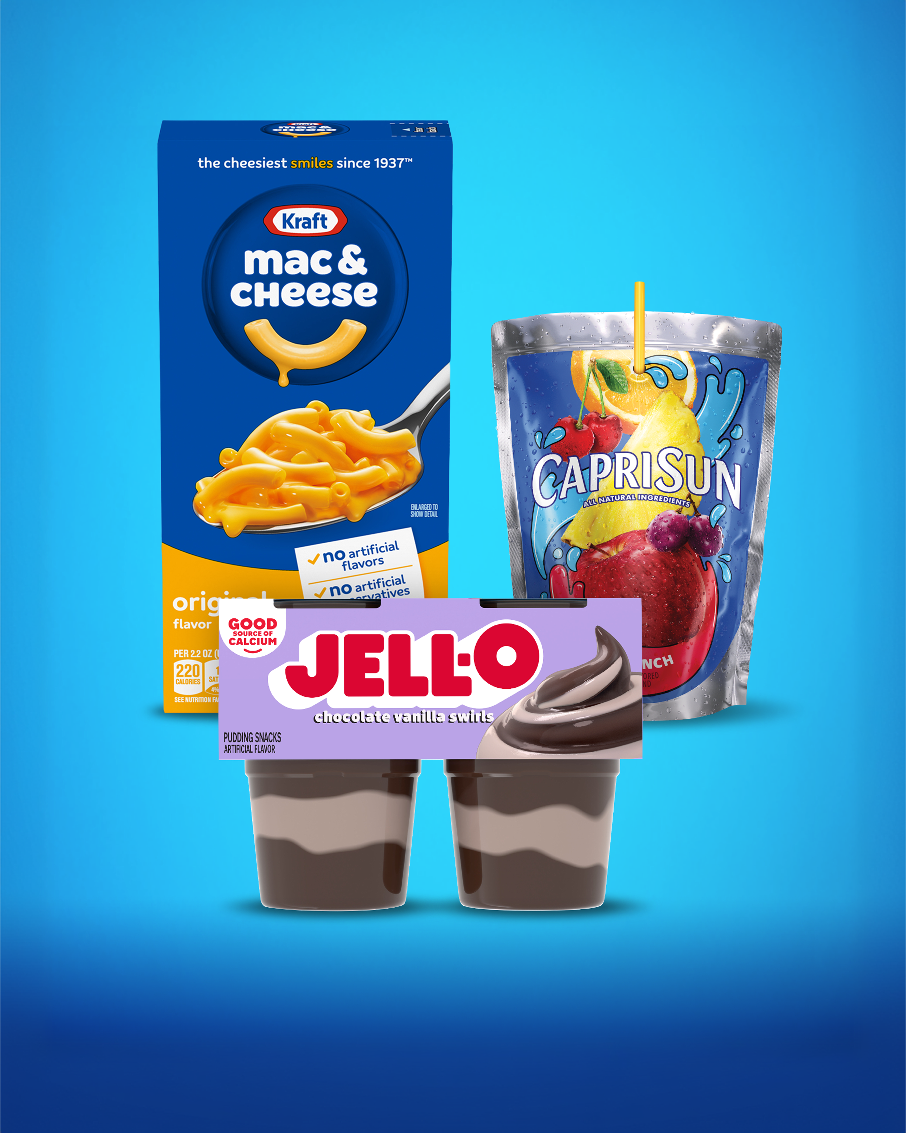 Shop Dinner essentials bundle featuring Kraft Mac & Cheese, Capri Sun Fruit Punch pouch, and JELL-O swirls pudding.