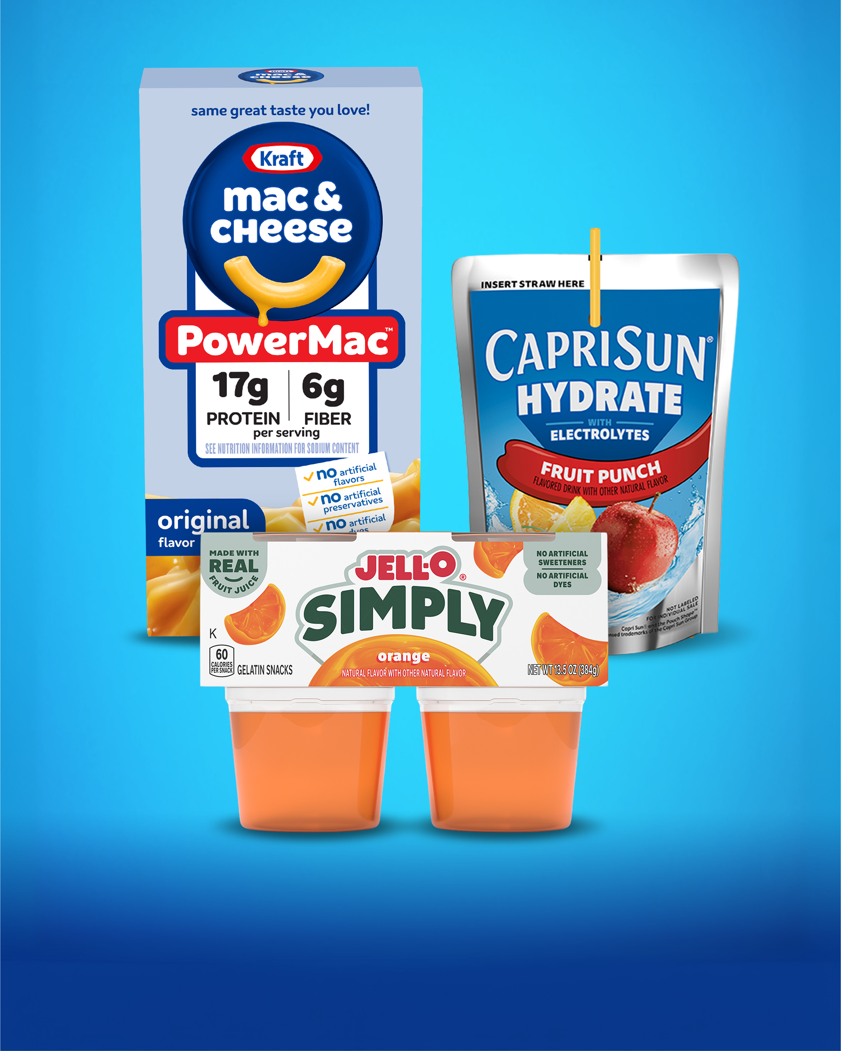 Shop Fuel up faves featuring Kraft PowerMac, Capri Sun Hydrate pouch, and JELL-O Simply raspberry lemonade gelatin.