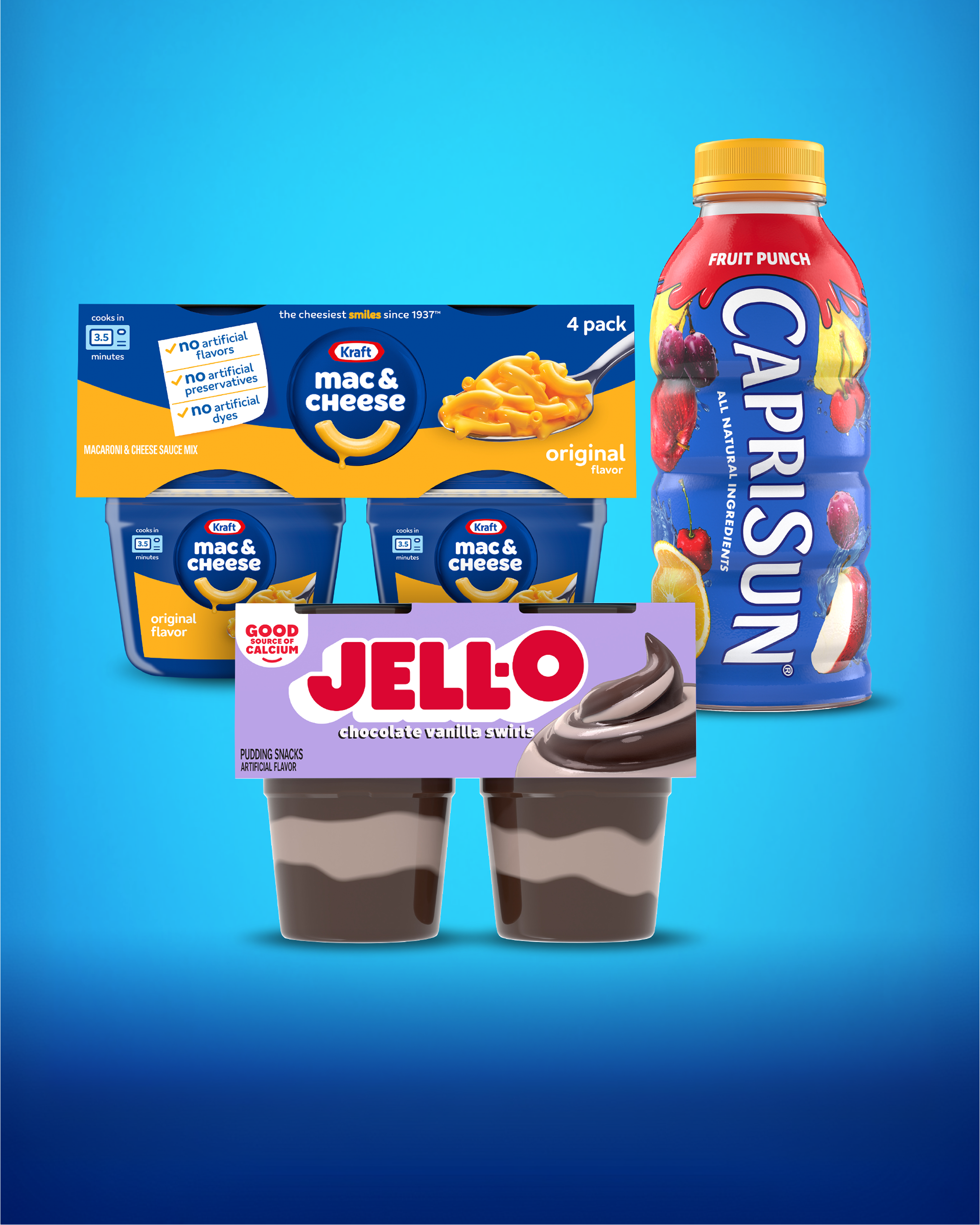 Shop After school snacks bundle featuring Kraft Mac & Cheese, Capri Sun Fruit Punch bottle, and JELL-O swirls pudding.
