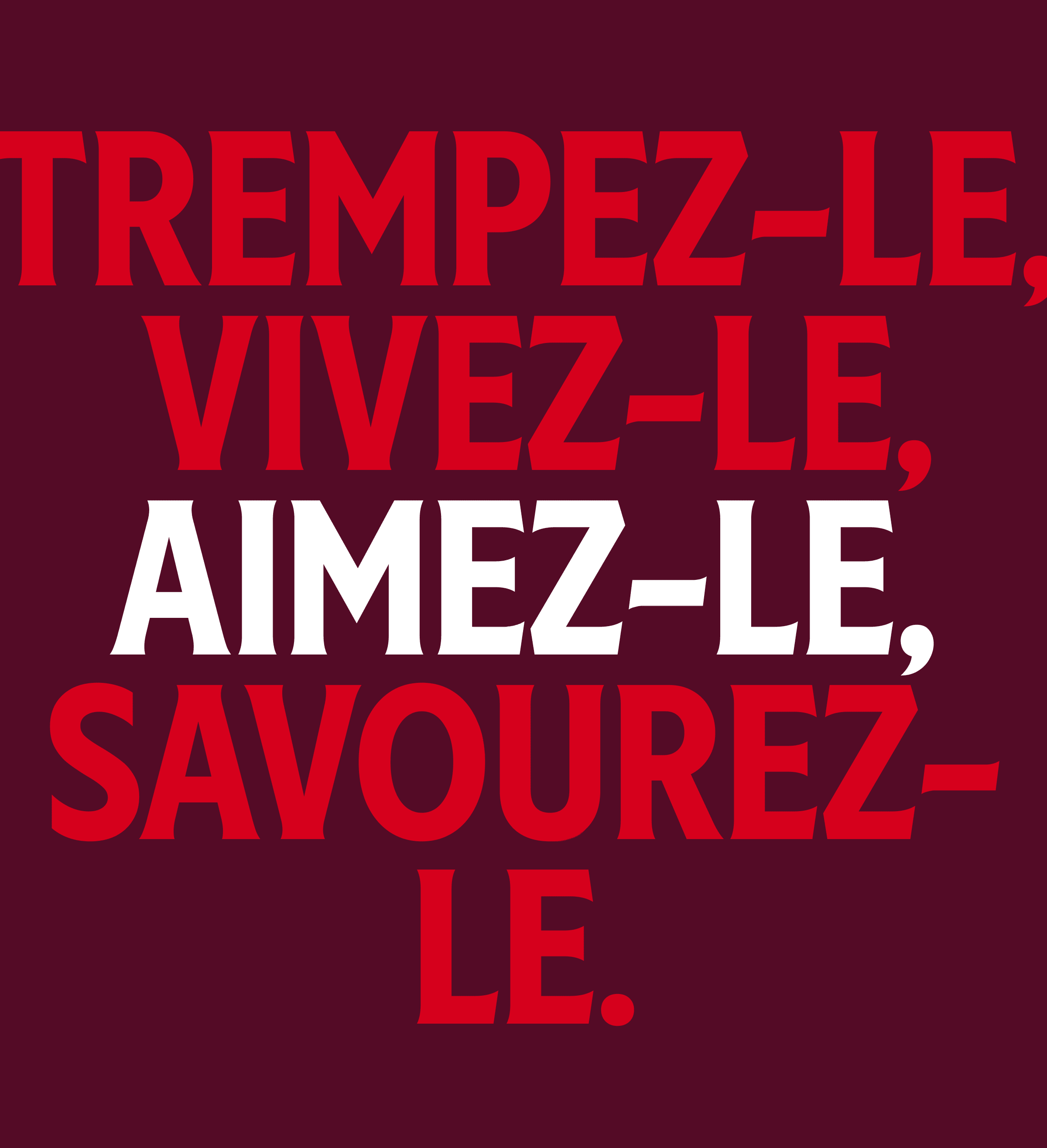 Message de motivation "Trempez-le, Vivez-le, Aimez-le, Savourez-le" en texte gras rouge et blanc.