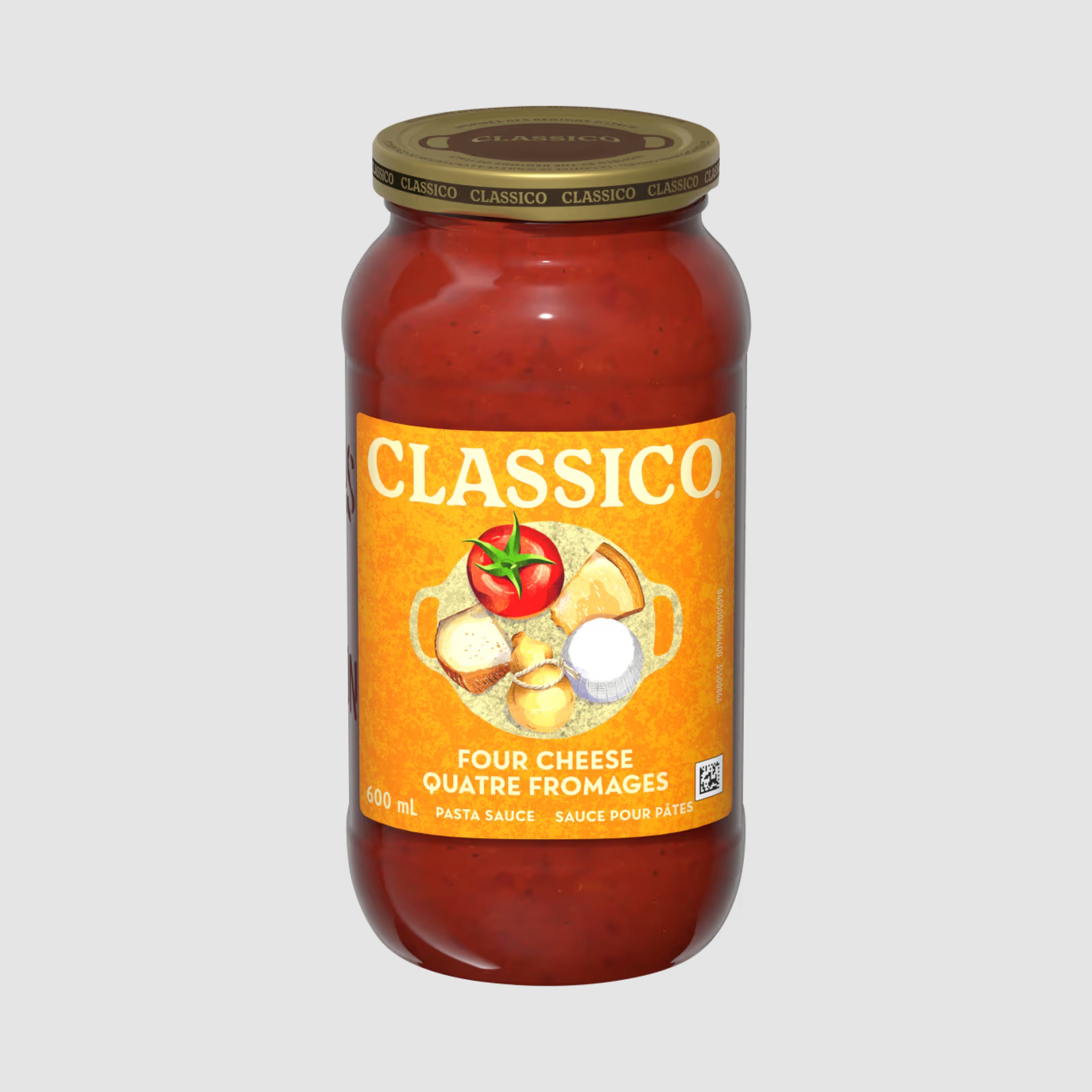 A jar of Classico Four Cheese pasta sauce.