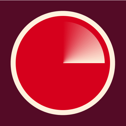 Représentation visuelle d'un minuteur réglé sur 0 à 15 minutes. Le graphique circulaire, majoritairement rouge, sur un fond rouge violacé foncé, présente une fine tranche de couleur plus claire, indiquant qu'un laps de temps très court s'est écoulé.