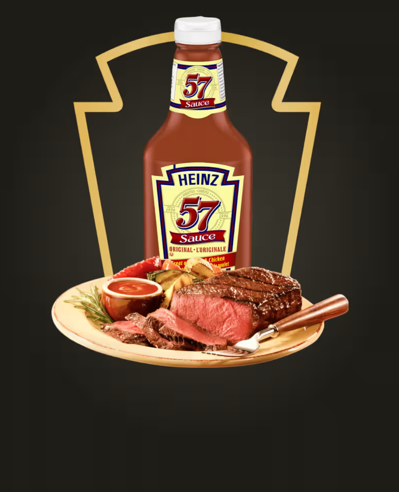 Bouteille de sauce Heinz 57 à côté d'une assiette de steak et de légumes grillés.