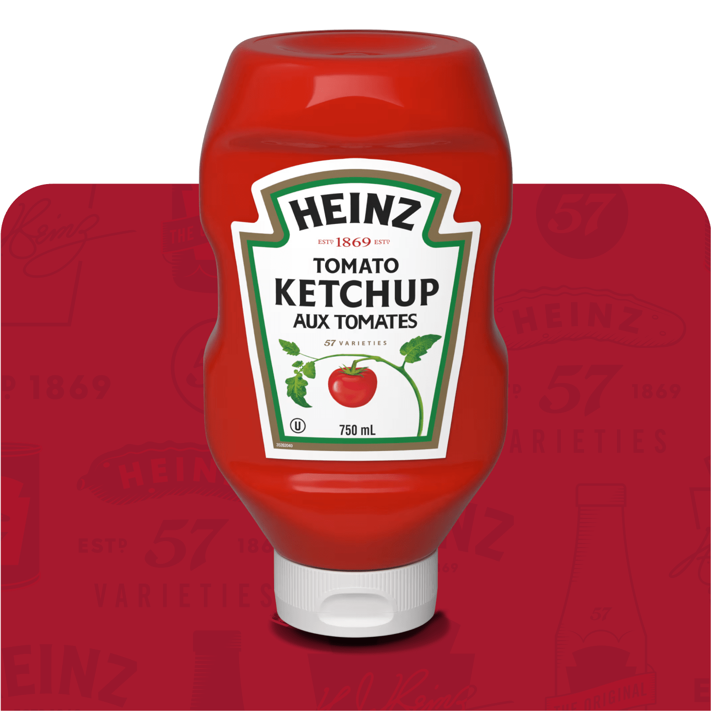 Une bouteille de Heinz Tomato Ketchup avec l'étiquette de la marque sur un fond rouge de marque.