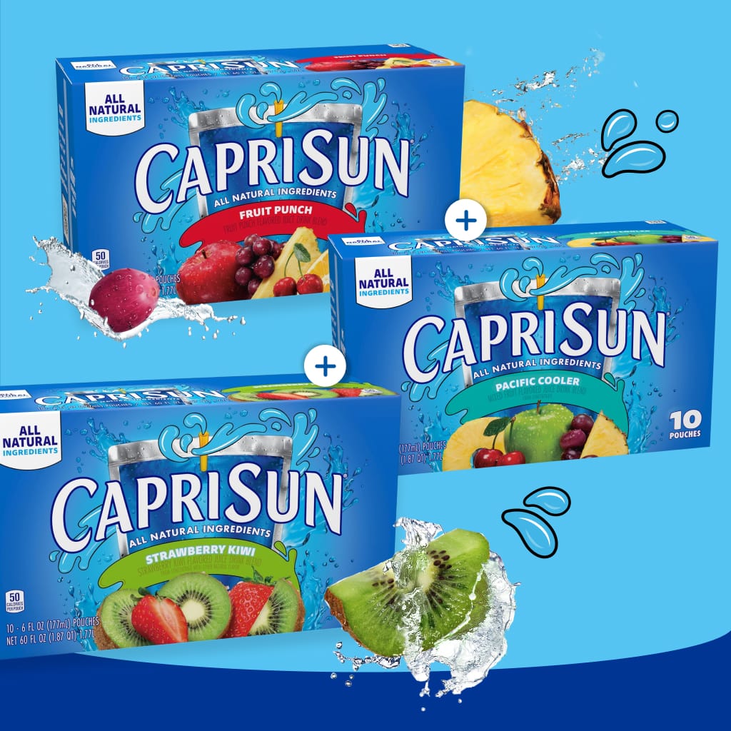Capri Sun Fruit Punch, Strawberry Kiwi, and Pacific Cooler juice pouches with fruit slices and splashes of water.