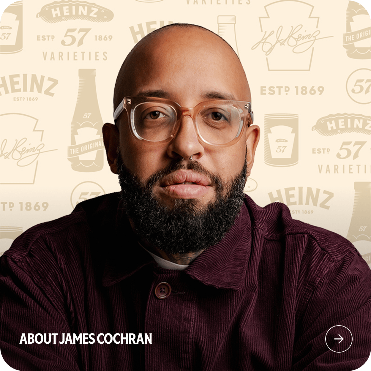 Headshot of James Cochran against a backdrop of vintage Heinz branding. 