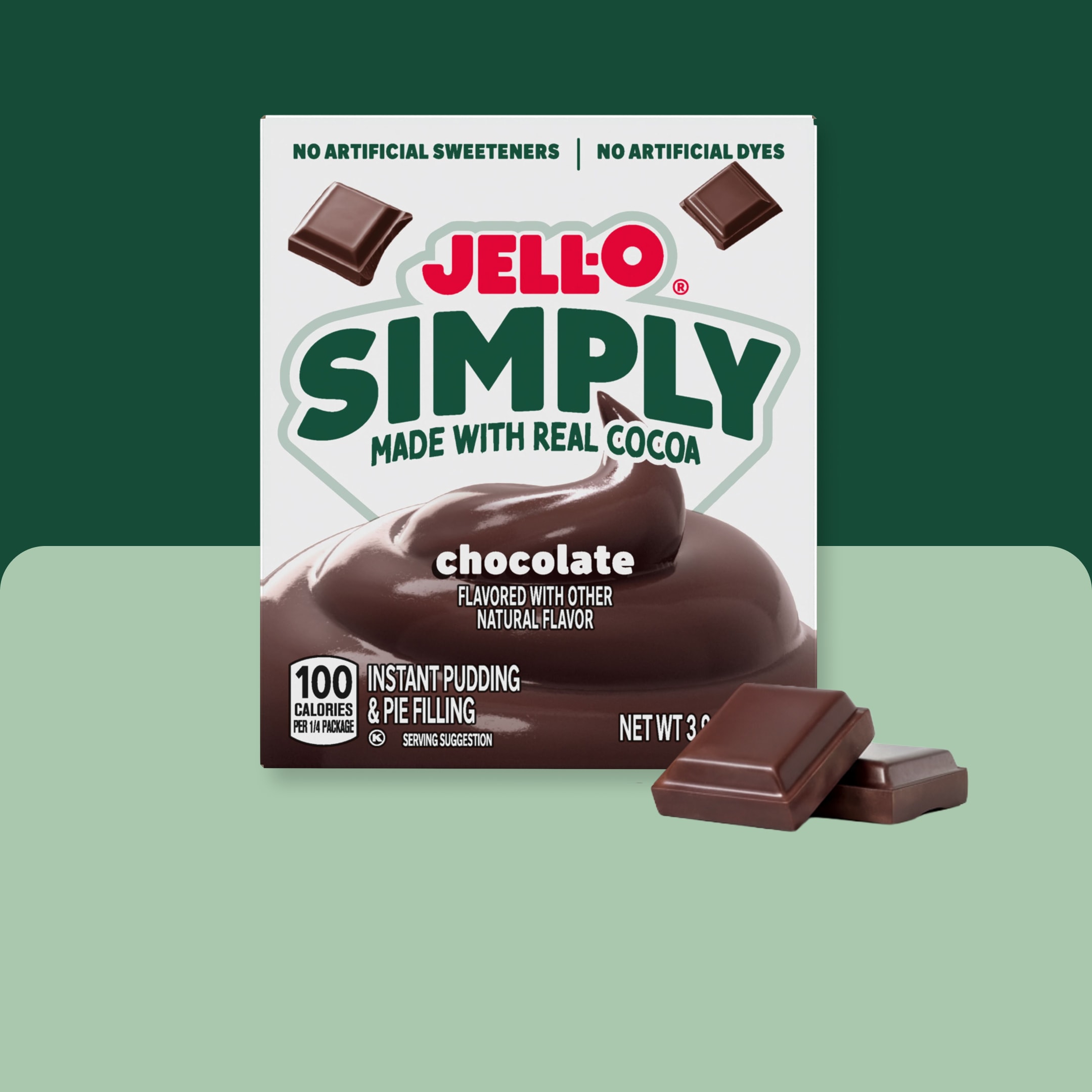 Jell-O Simply Chocolate Instant Pudding box with real cocoa. No artificial sweeteners or dyes.