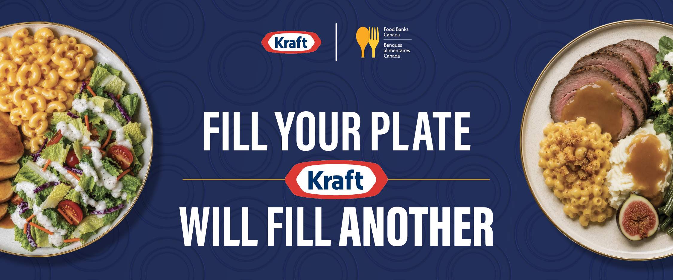 Fill Your Plate, Kraft Will Fill Another banner featuring plates of macaroni, salad, and roast beef.