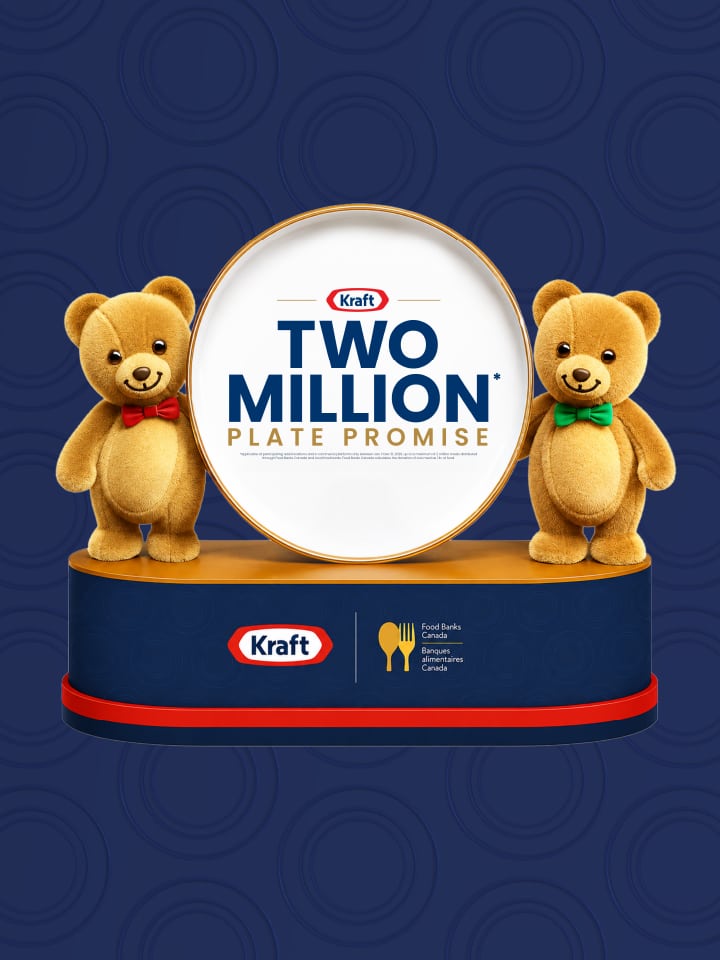 Two Kraft Peanut Butter bears standing by a plate that reads 'Two Million Plate Promise.' Set on a blue background. 