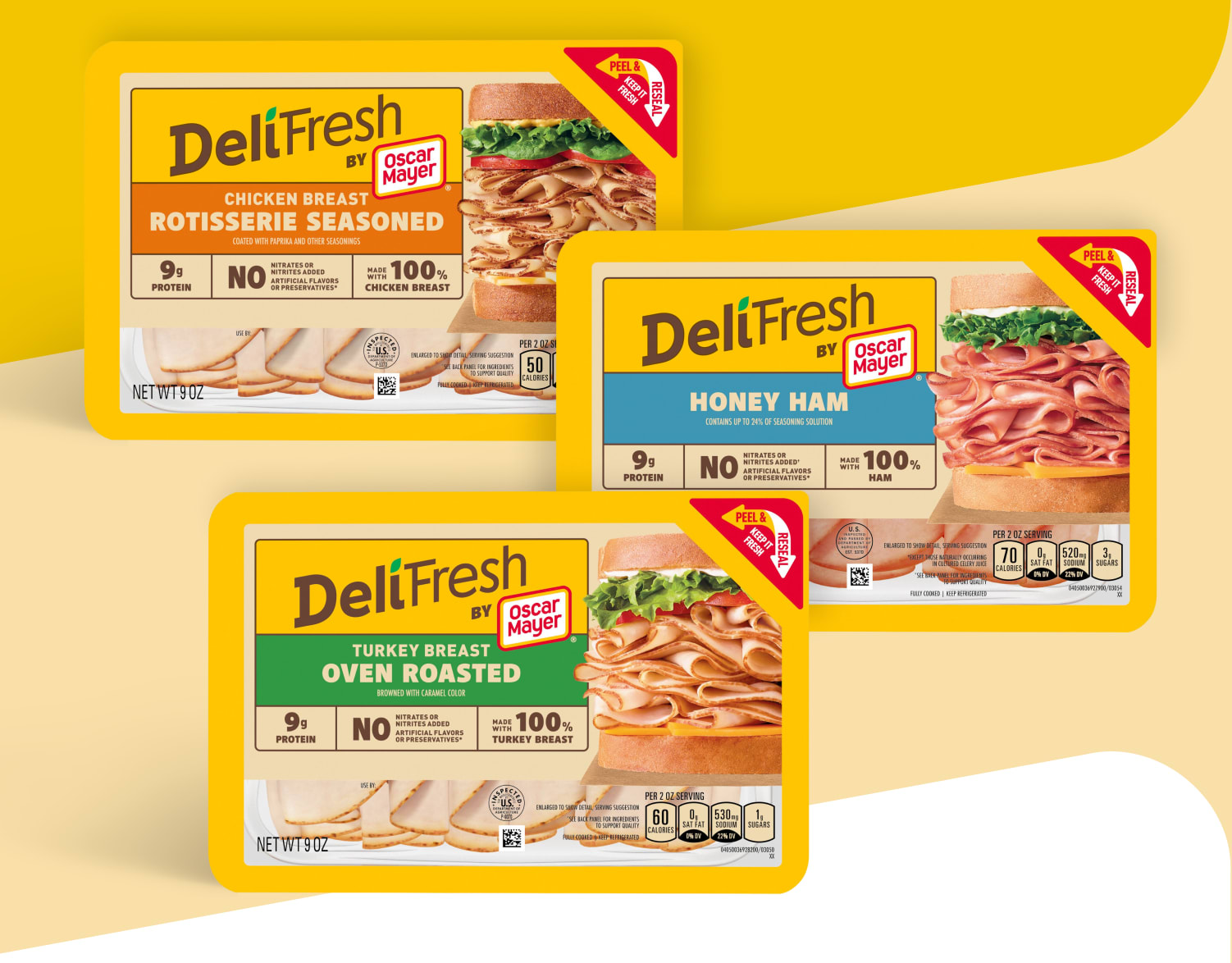 3 packages of Oscar Mayer Deli Fresh deli meats: Rotisserie Seasoned Chicken Breast, Honey Ham and Oven Roasted Turkey Breast