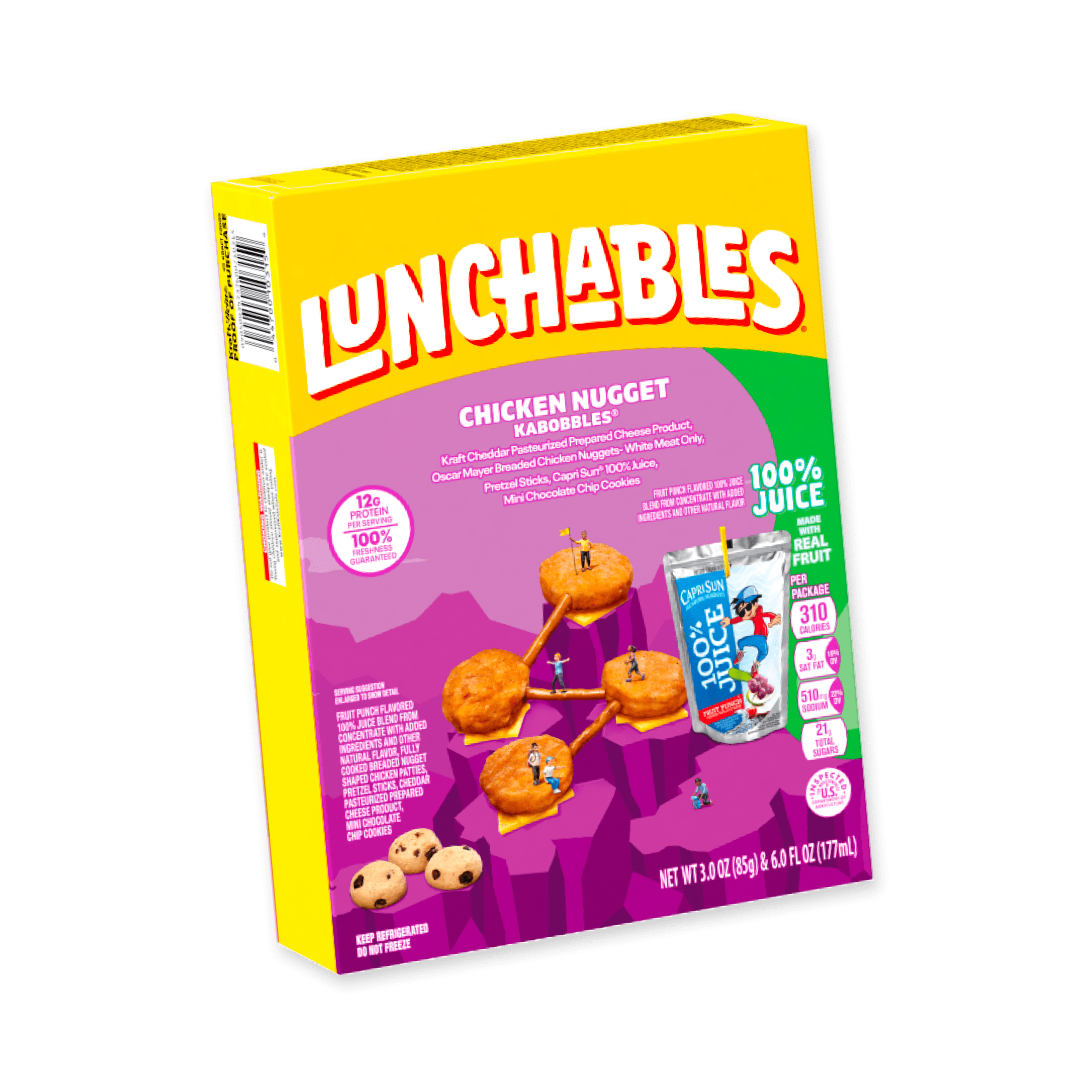 Lunchables Chicken Nugget Kabobbles box featuring chicken nuggets, cheese, pretzels, Capri Sun, and cookies.