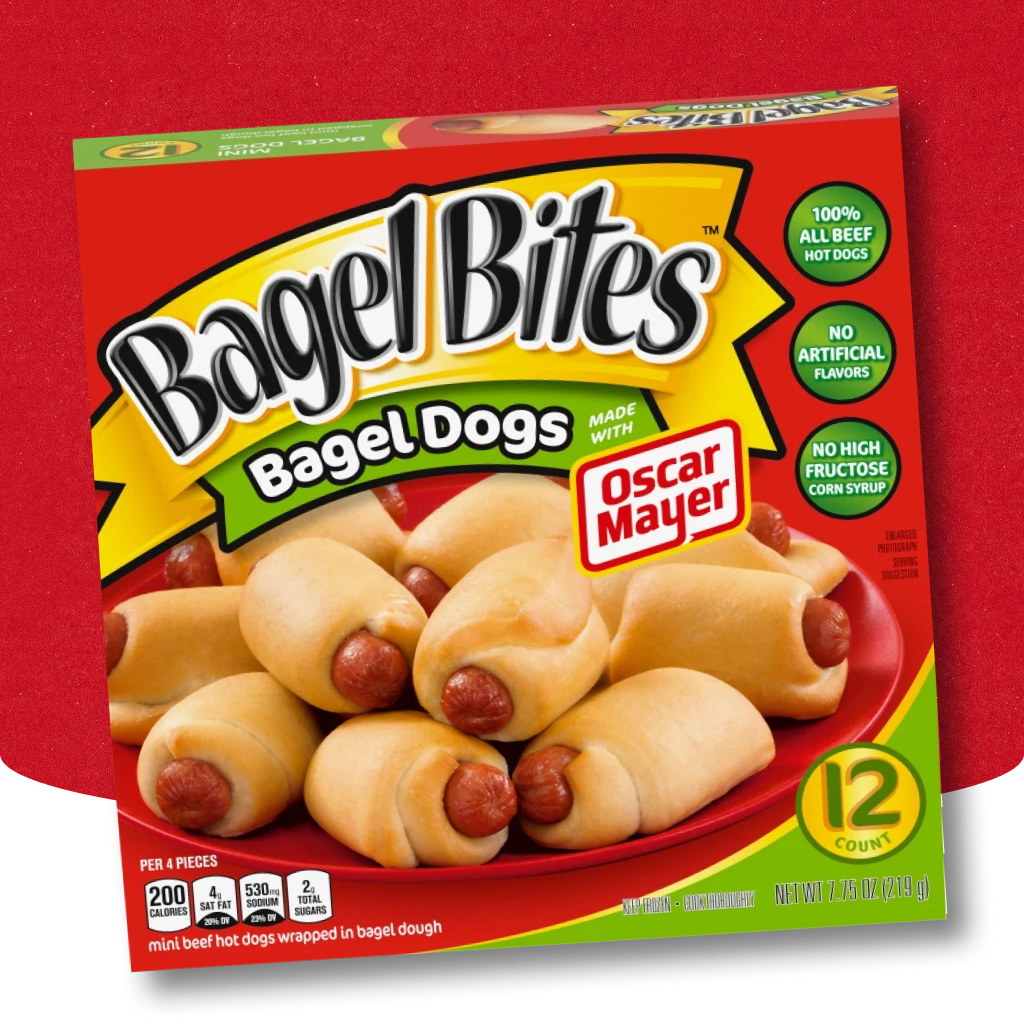 Bagel Bites Bagel Dogs: mini hotdogs wrapped in bagel, 12 count.
