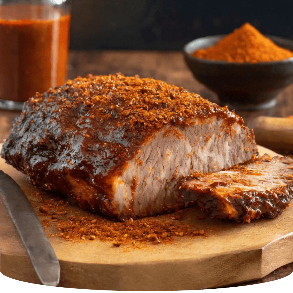 A piece of glazed meat, sprinkled with seasoning, on a wooden cutting board.