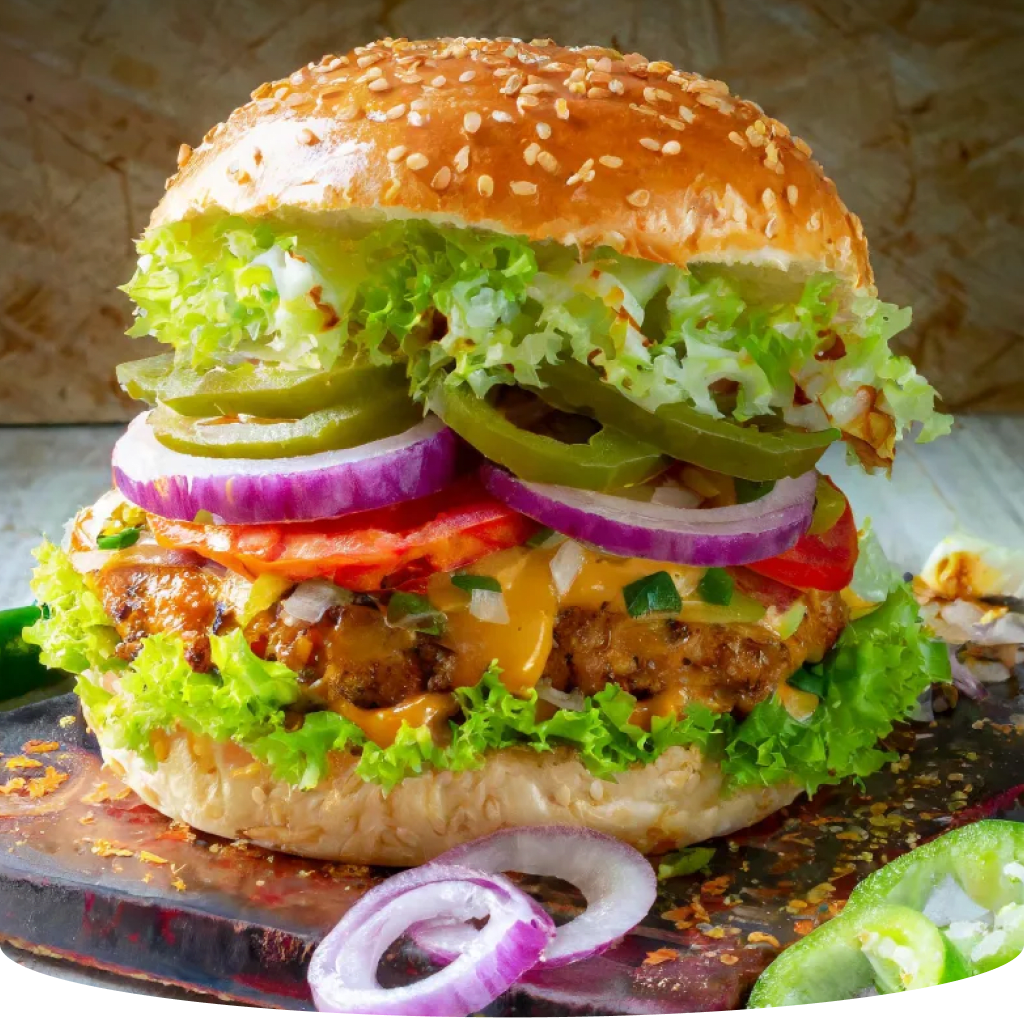 A burger with lettuce, tomato, onion, and jalapeños.