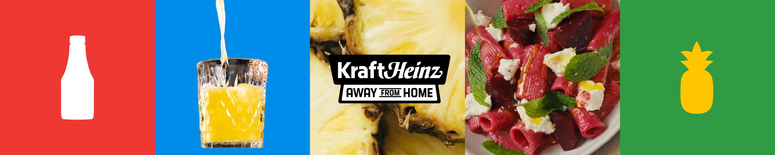 Colorful divider featuring the Kraft Heinz AWAY FROM HOME logo, a poured drink, and a side dish of beet pasta and feta.