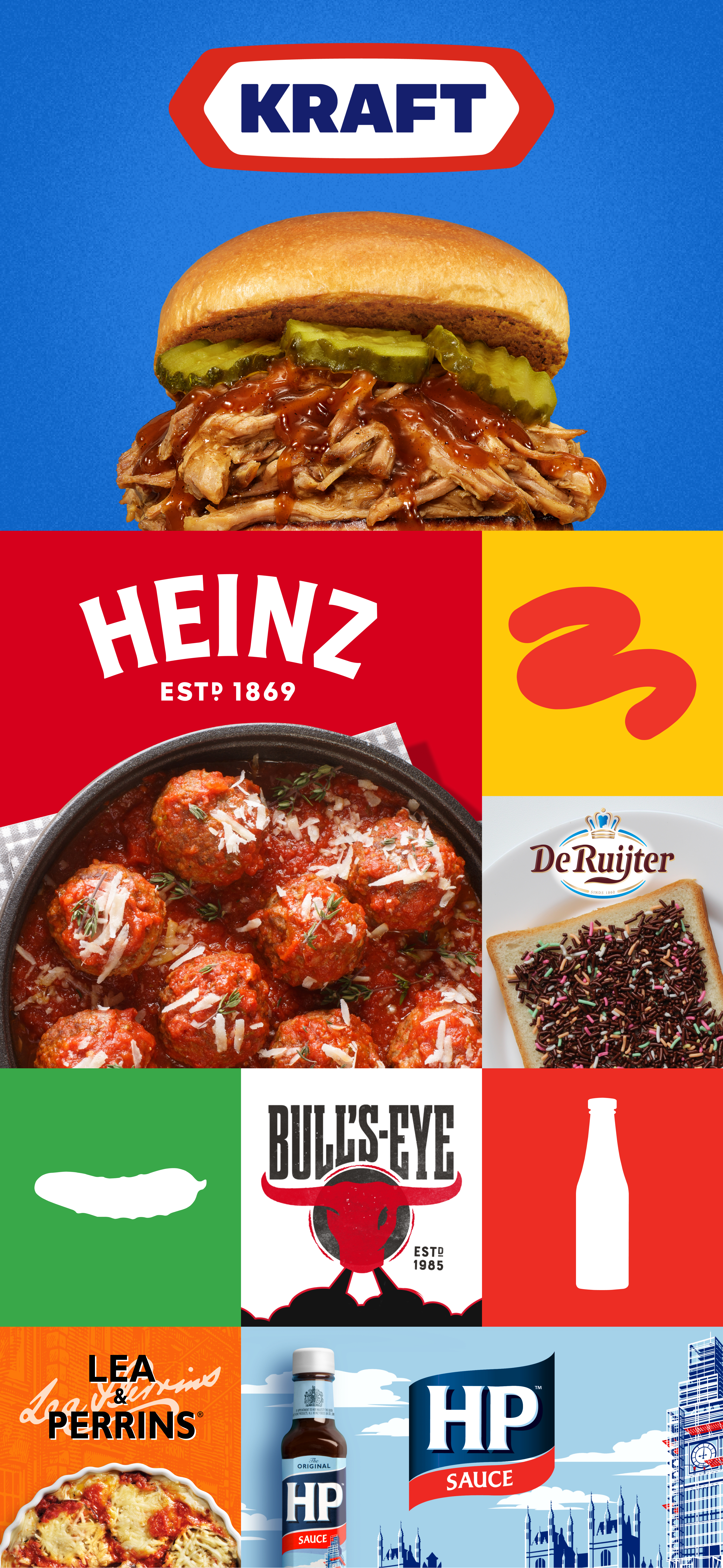 Collage verschiedener Lebensmittelprodukte wie Saucen, Fleisch und Süßigkeiten.