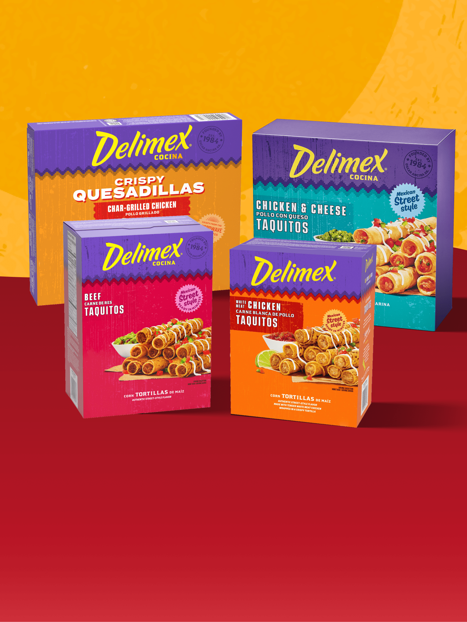 Various Delimex frozen Mexican food boxes: Quesadillas, Chicken & Cheese, Beef, and Chicken Taquitos.