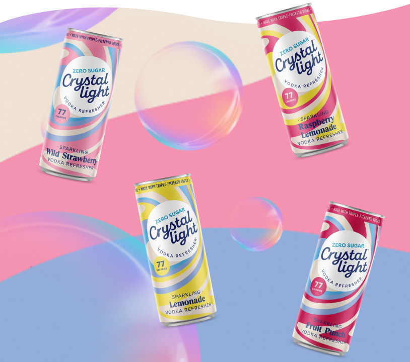 Four varieties of Crystal Light Zero Sugar Sparkling Vodka Refresher cans against a pastel abstract background.