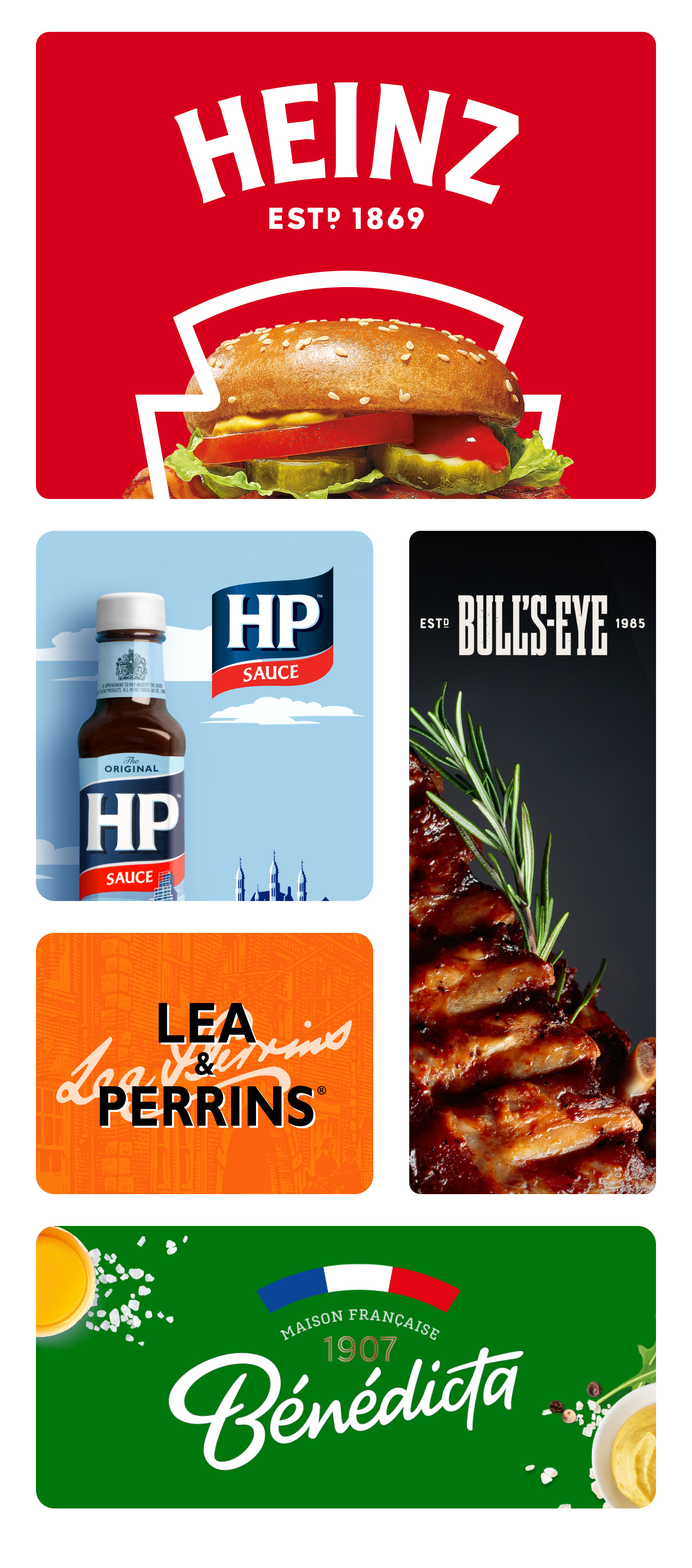 Un collage de divers produits alimentaires comme des burgers, des sauces et des soupes.
