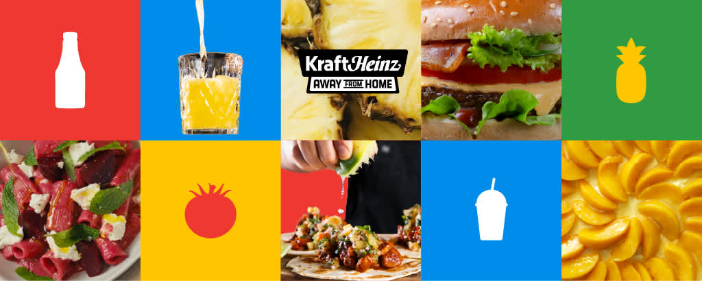 A vibrant collage of Kraft Heinz 'Away From Home' products & ingredients