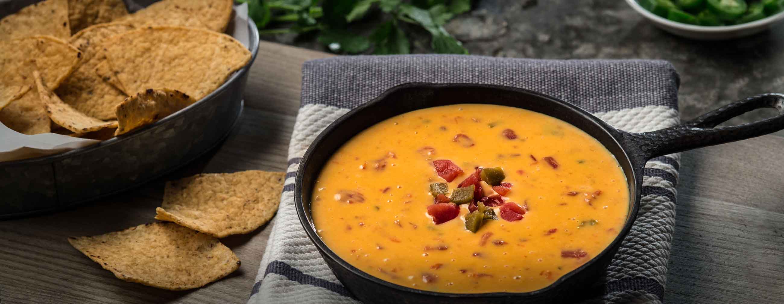 Cast Iron Skillet of Velveeta and Ro-Tel Queso