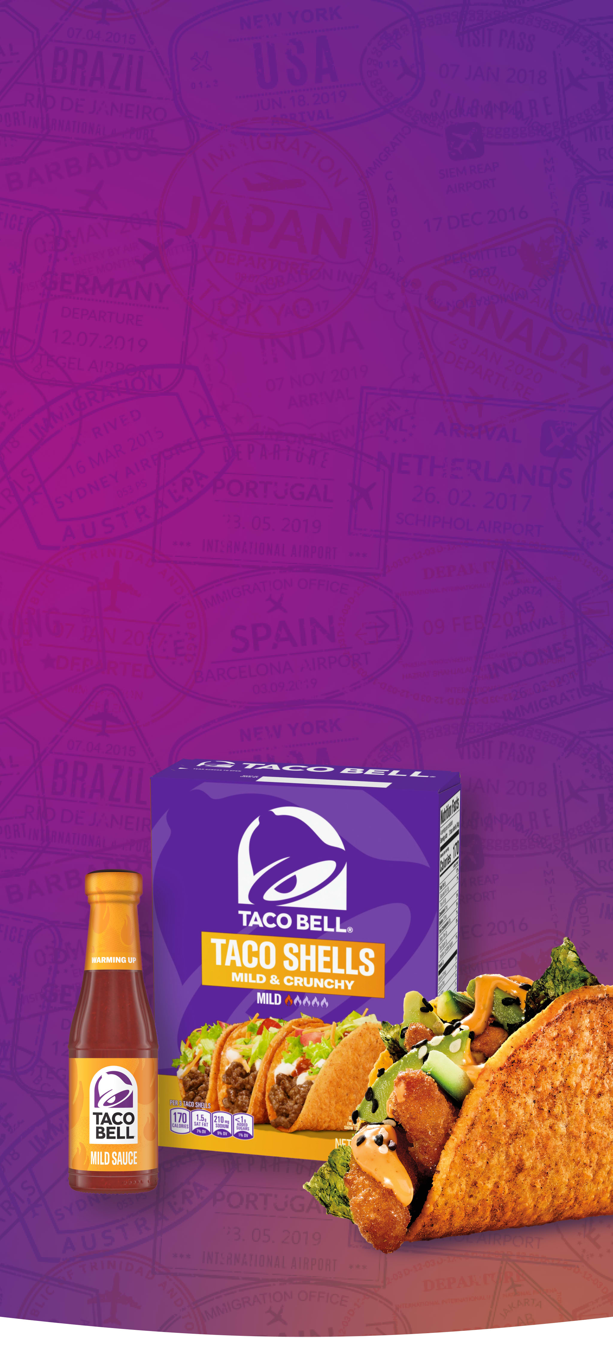 Taco Bell Mild Sauce, Mild & Crunchy Taco Shells, and a prepared taco on a purple passport stamp background.