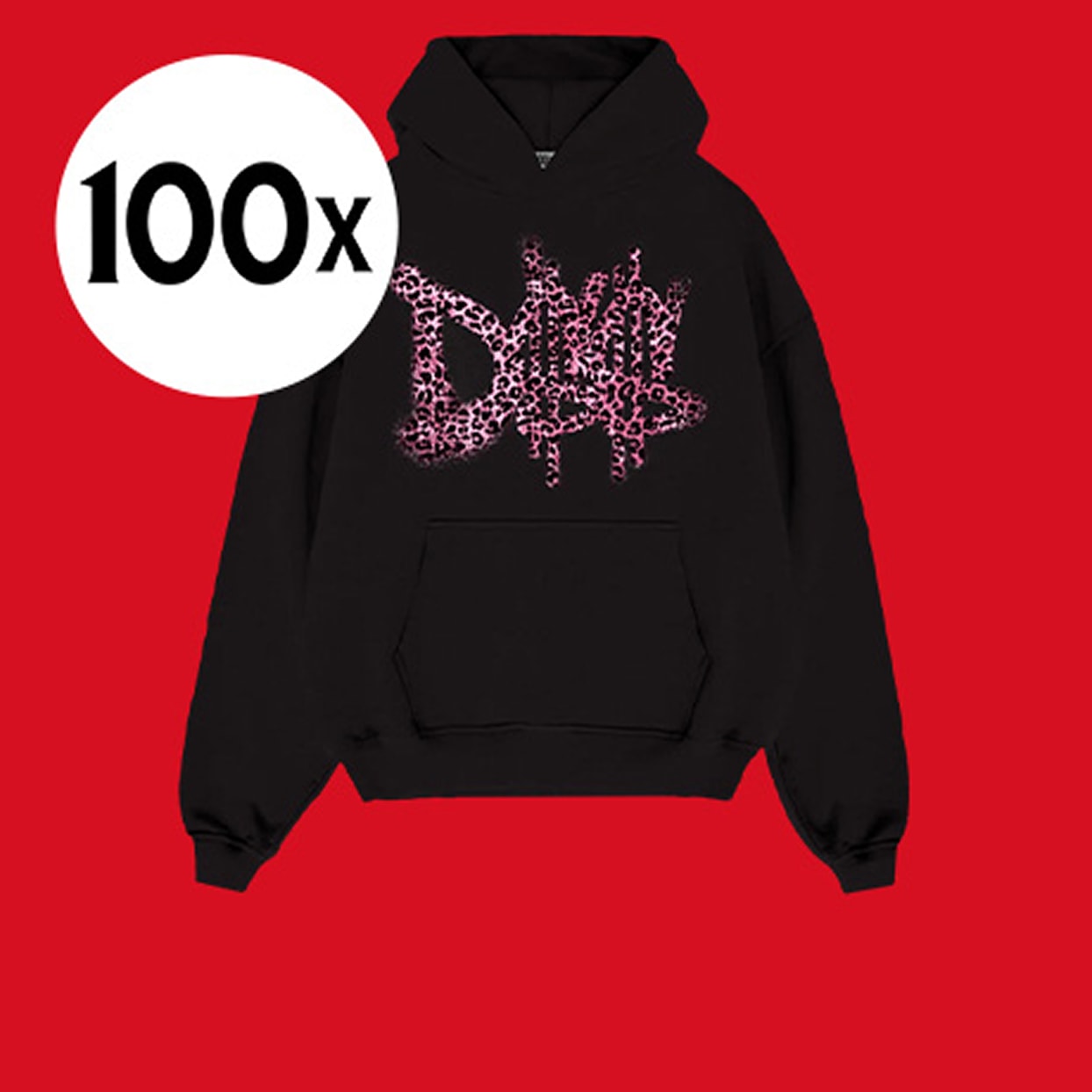 Czarna bluza z kapturem z różowym, cętkowanym nadrukiem i białą grafiką „100x” na czerwonym tle