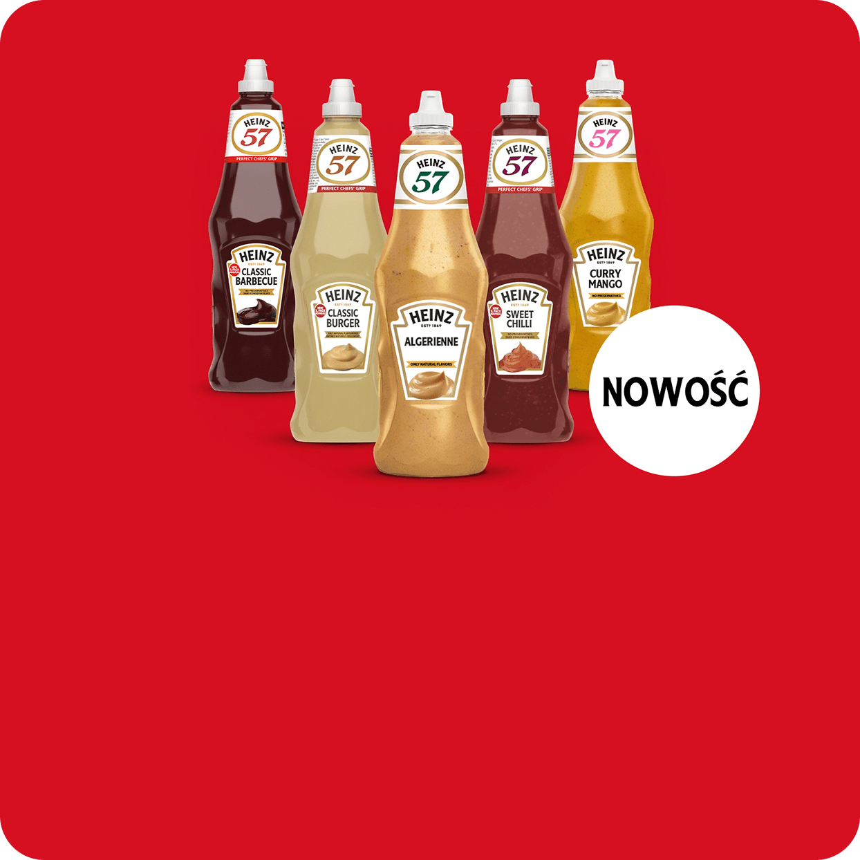 Pięć sosów Heinz (Barbecue, Burger, Algerienne, Sweet Chilli, Curry Mango) na czerwonym tle z oznaczeniem „NOWOŚĆ”