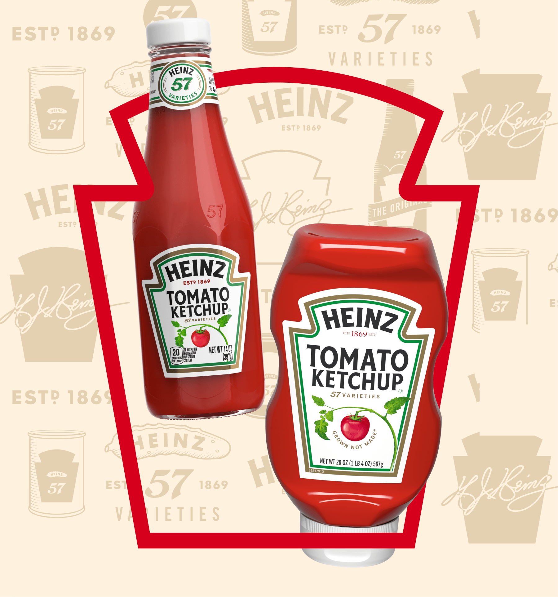 A classic glass bottle and a squeezable plastic bottle of Heinz Tomato Ketchup are displayed against a background featuring t