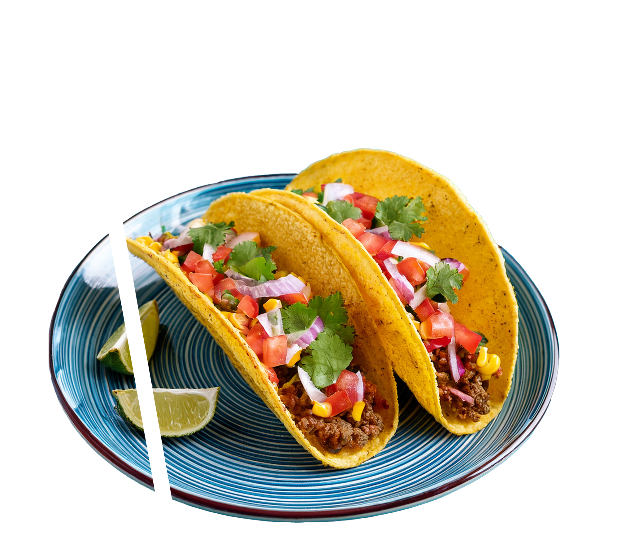 Dos tacos de carne en tortillas de maíz crujientes, con tomate, cebolla morada, cilantro y un toque de limón.