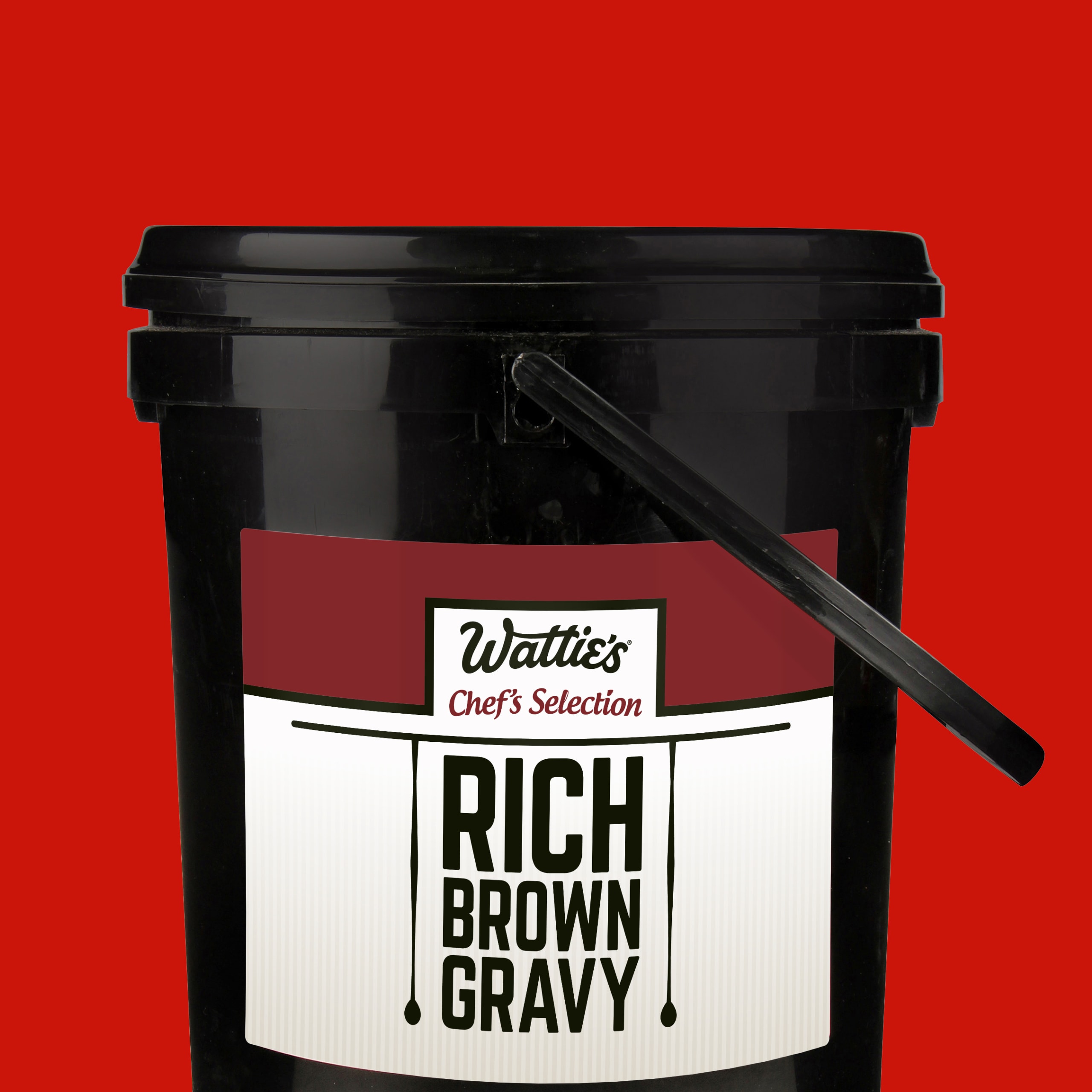 A black bucket of Wattie's Chef's Selection Rich Brown Gravy.