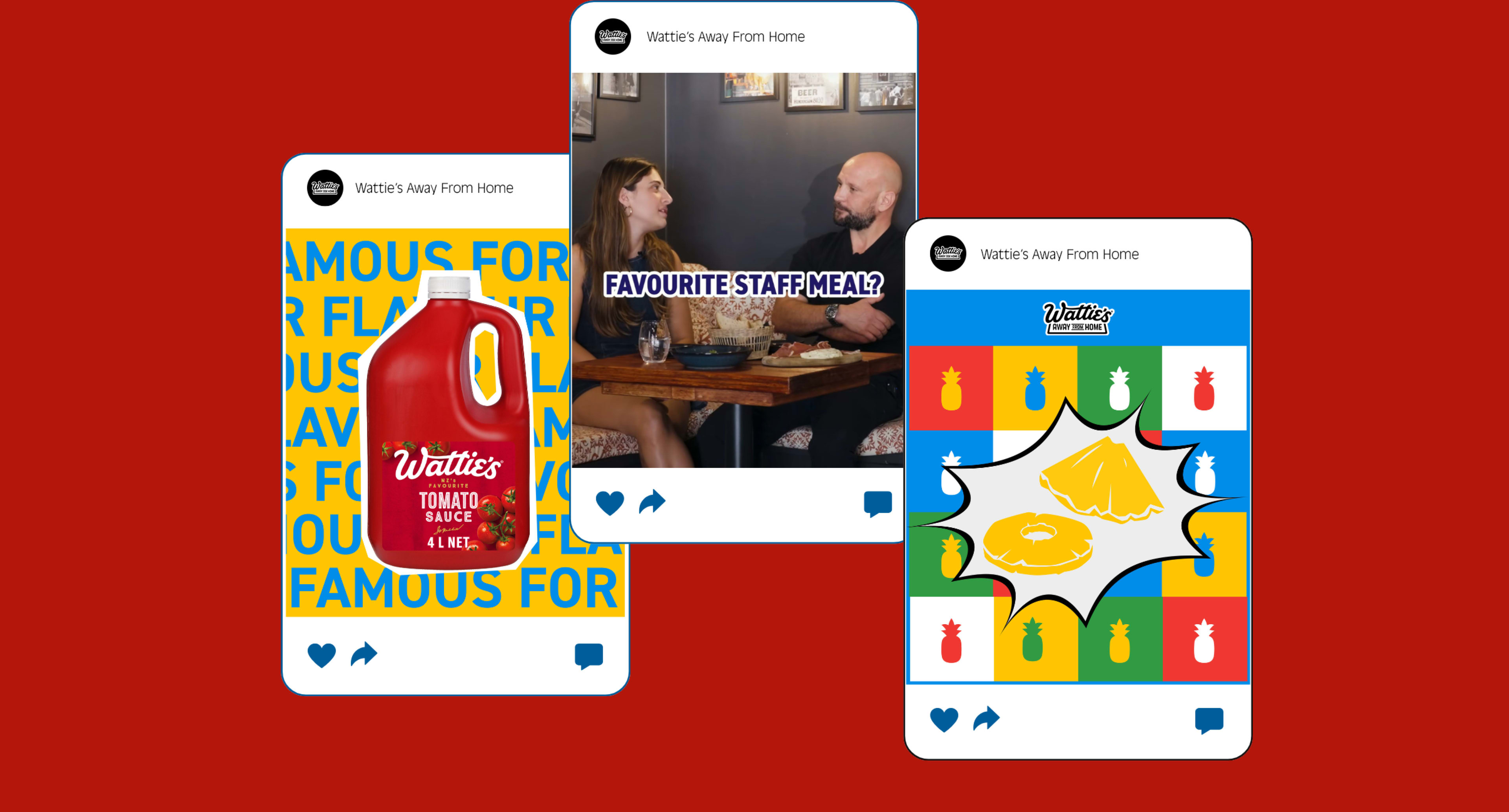 A montage of Kraft Heinz Away From Home Instagram posts showing Heinz Ketchup, a staff interview, and a pineapple graphic.