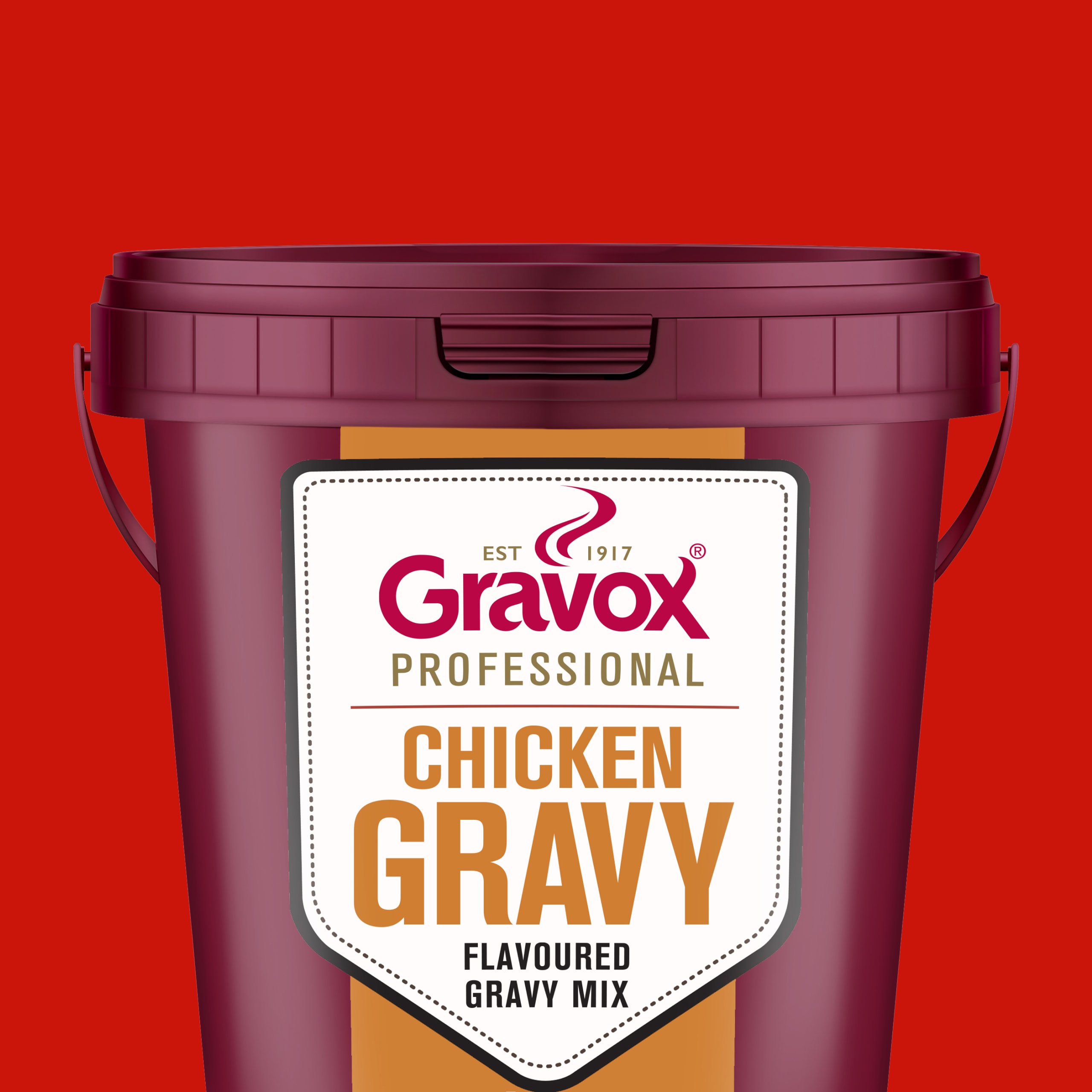 Gravox Professional Chicken Gravy Flavoured Gravy Mix in a large maroon bucket, highlighting its brand and product details.