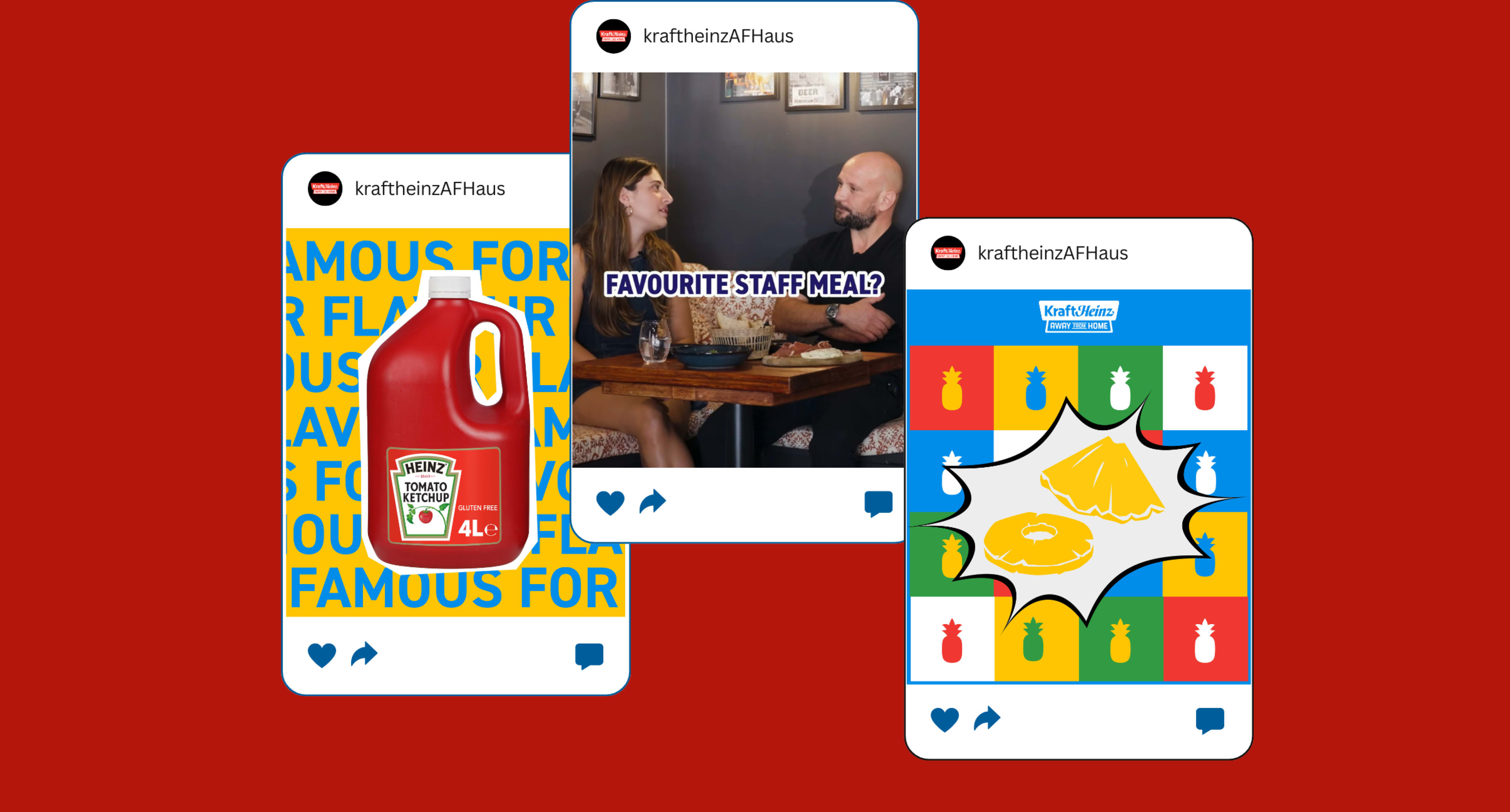 A montage of Kraft Heinz Away From Home Instagram posts showing Heinz Ketchup, a staff interview, and a pineapple graphic.