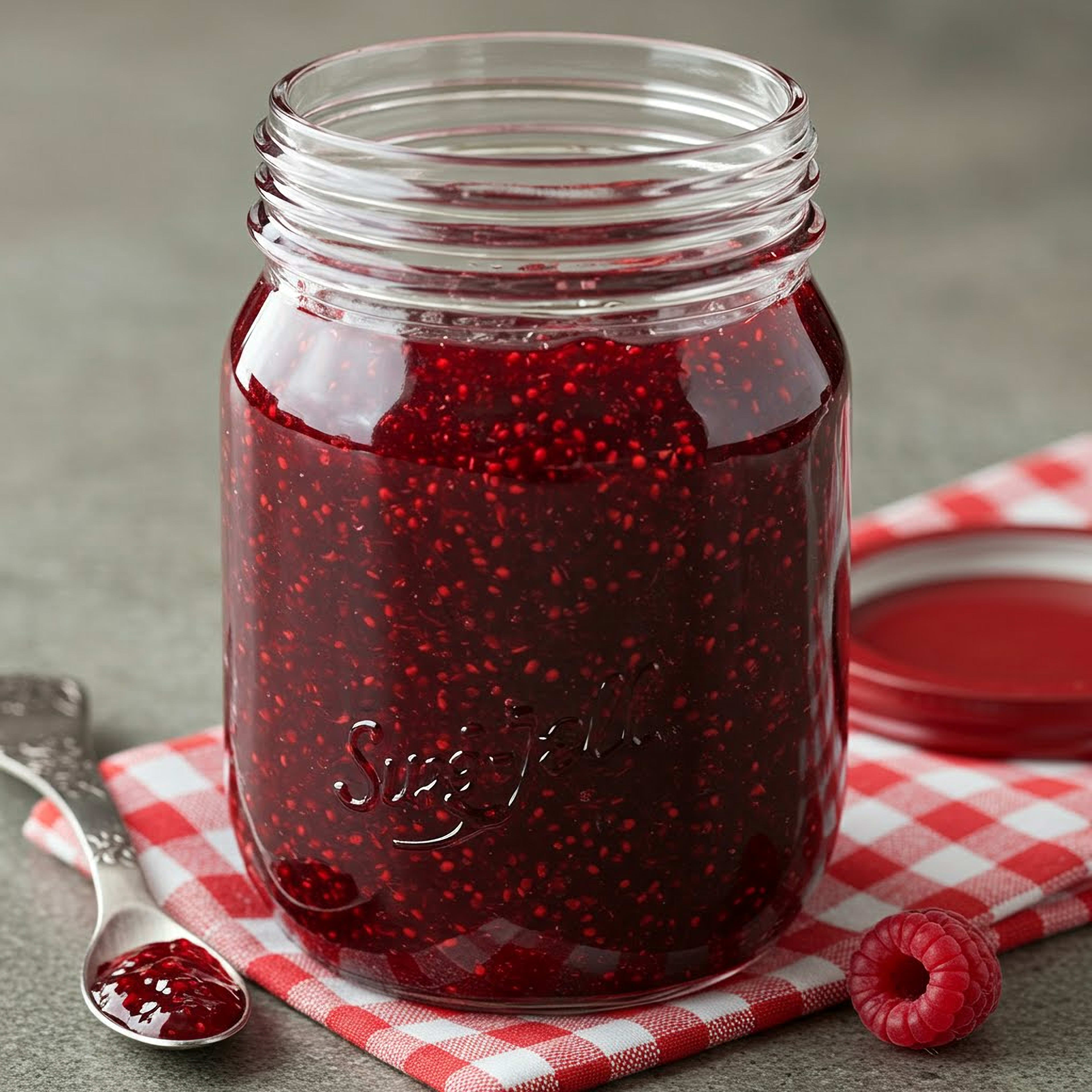 A clear glass jar filled with vibrant red raspberry jam, showcasing the fruit's texture. A spoonful of jam rests on a silver spoon, and a fresh raspberry sits beside the jar on a red and white checkered cloth, emphasizing the homemade quality and fresh ingredients.
