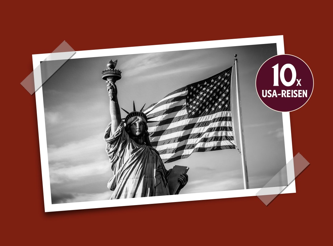Die Freiheitsstatue mit US-Flagge als Symbol für eine der 10 USA-Reisen im Heinz Gewinnspiel.