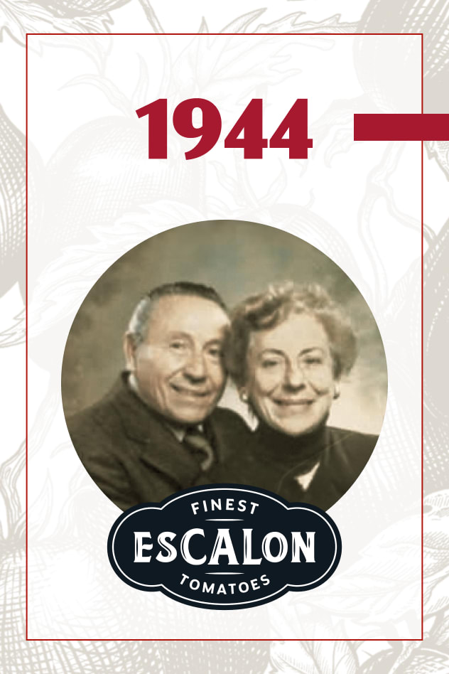 This image celebrates Escalon's rich history, established in 1944. Featuring a vintage photo and the Escalon Finest Tomatoes 