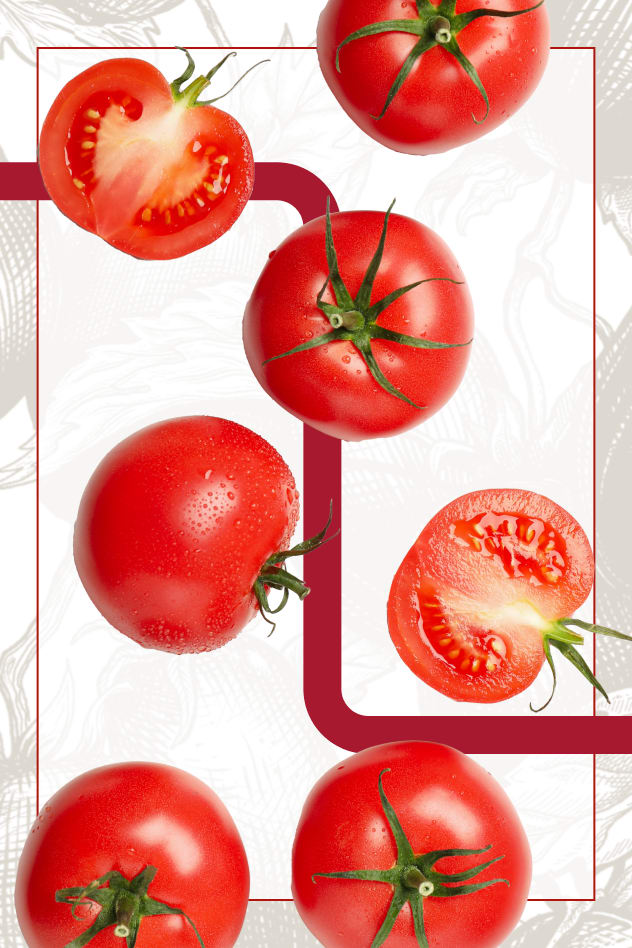 This image features a collection of ripe, red tomatoes, whole and halved, emphasizing the freshness and quality that Kraft He