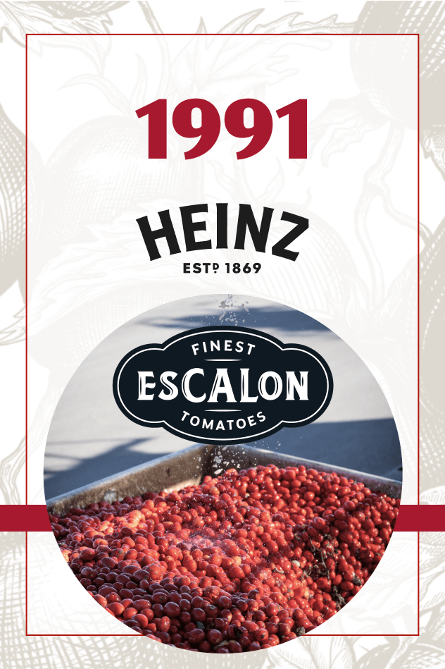 This image, featuring the Heinz logo (Est. 1869) and Escalon Finest Tomatoes logo, commemorates the 1991 partnership that bro