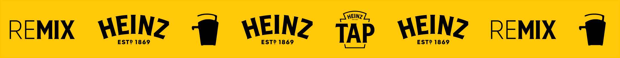 Various Heinz brand elements: REMIX text, Heinz logos, a bucket icon, and Heinz TAP branding on a yellow background.