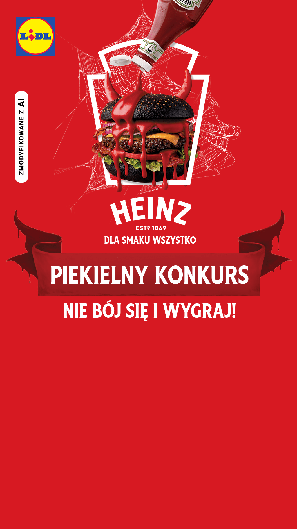 Reklama Halloween Heinz: czarny burger z ketchupowymi rogami diabła na czerwonym tle z tekstem konkursowym.