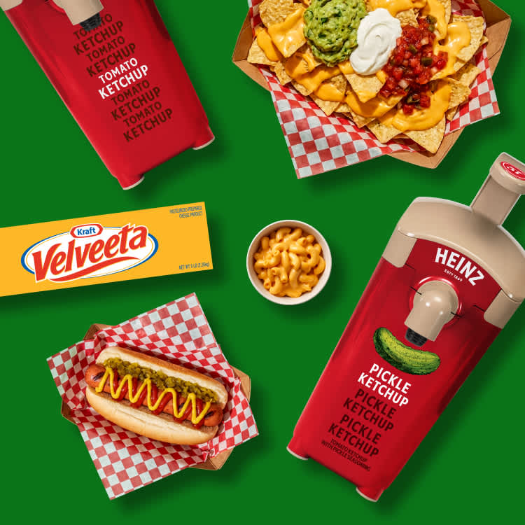 Heinz ketchup dispensers, Kraft Velveeta, and stadium concessions on a green background