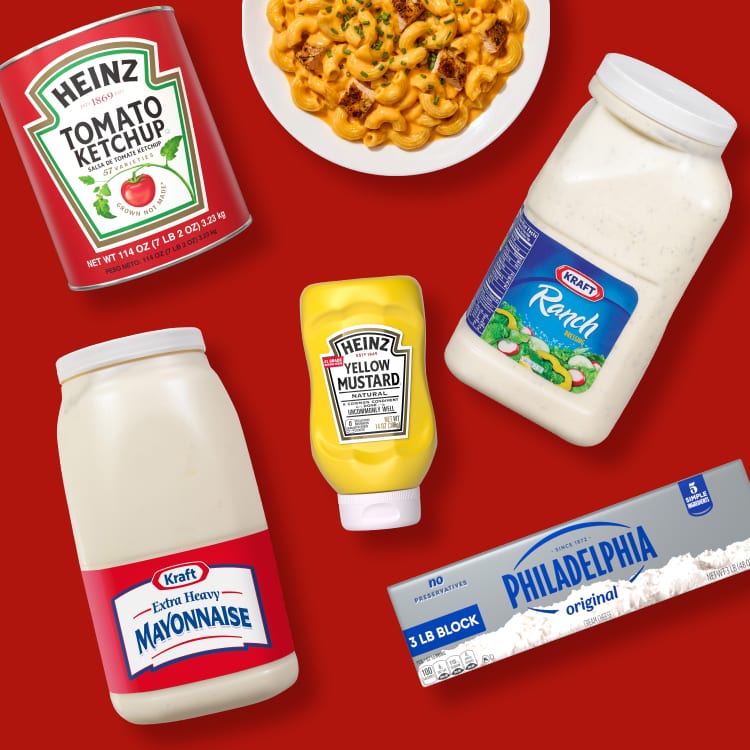 Heinz Ketchup, mustard, Kraft mayo, ranch, Philadelphia cream cheese, and mac and cheese on a red background.
