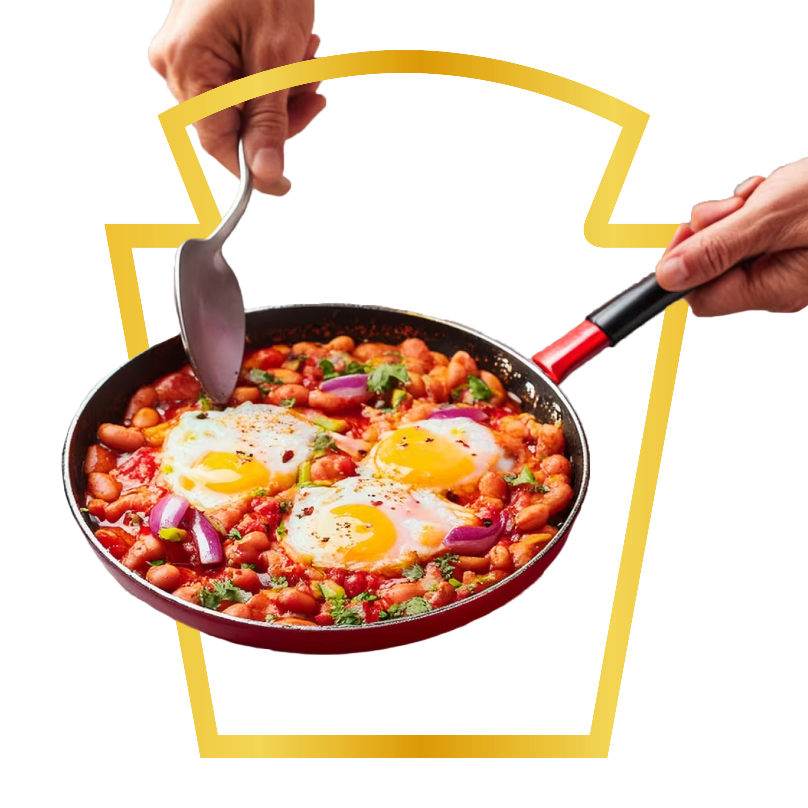 A skillet with baked beans in tomato sauce, topped with sunny-side-up eggs, sprinkled with herbs, and framed by the Heinz key