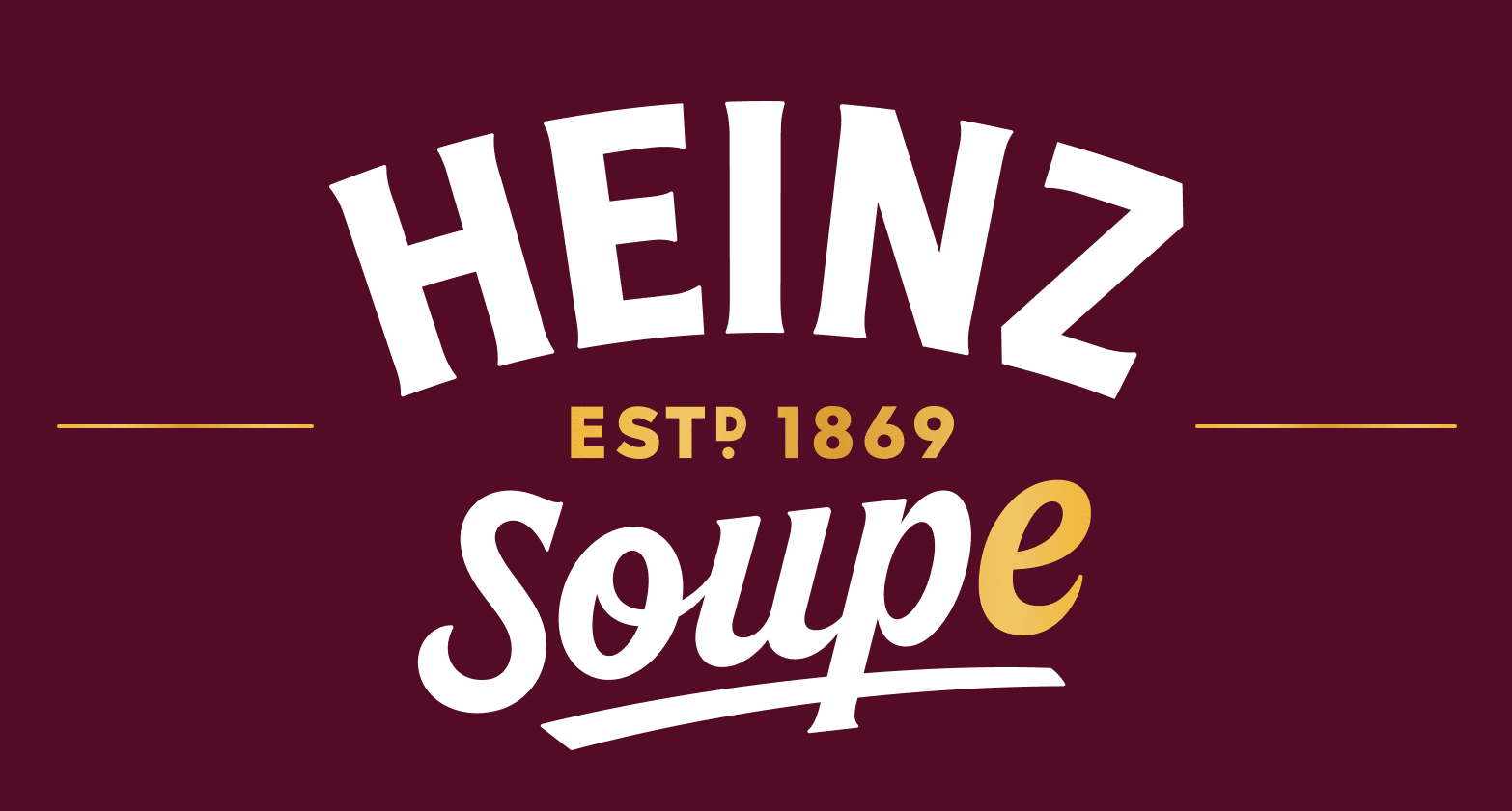 White Heinz logo with 'ESTD 1869' and 'Soup' in white and gold script on a deep burgundy background.
