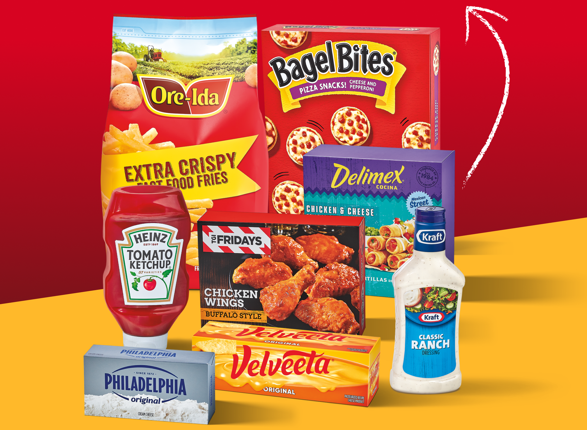 Kraft Heinz product spread: Ore-Ida, Bagel Bites, Delimex, Heinz, TGI Fridays, Velveeta, Philadephia, Kraft Ranch.