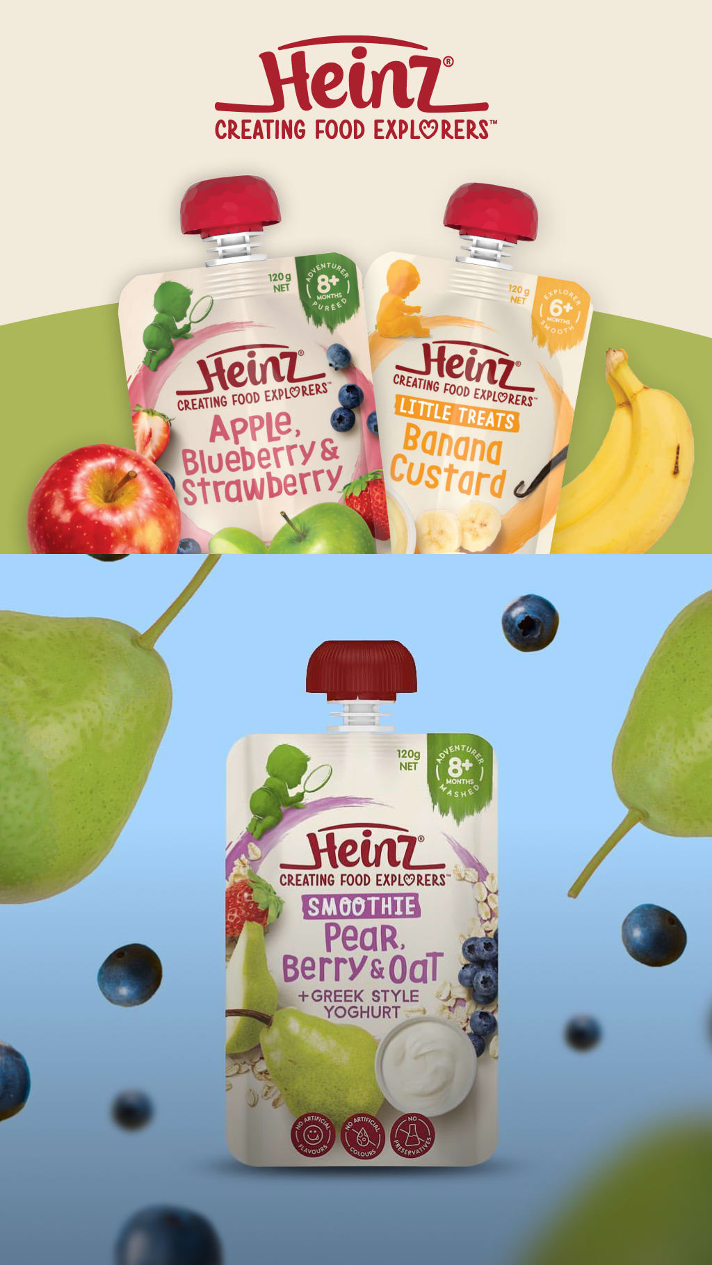Product shot of Heinz baby food pouches in various flavours.