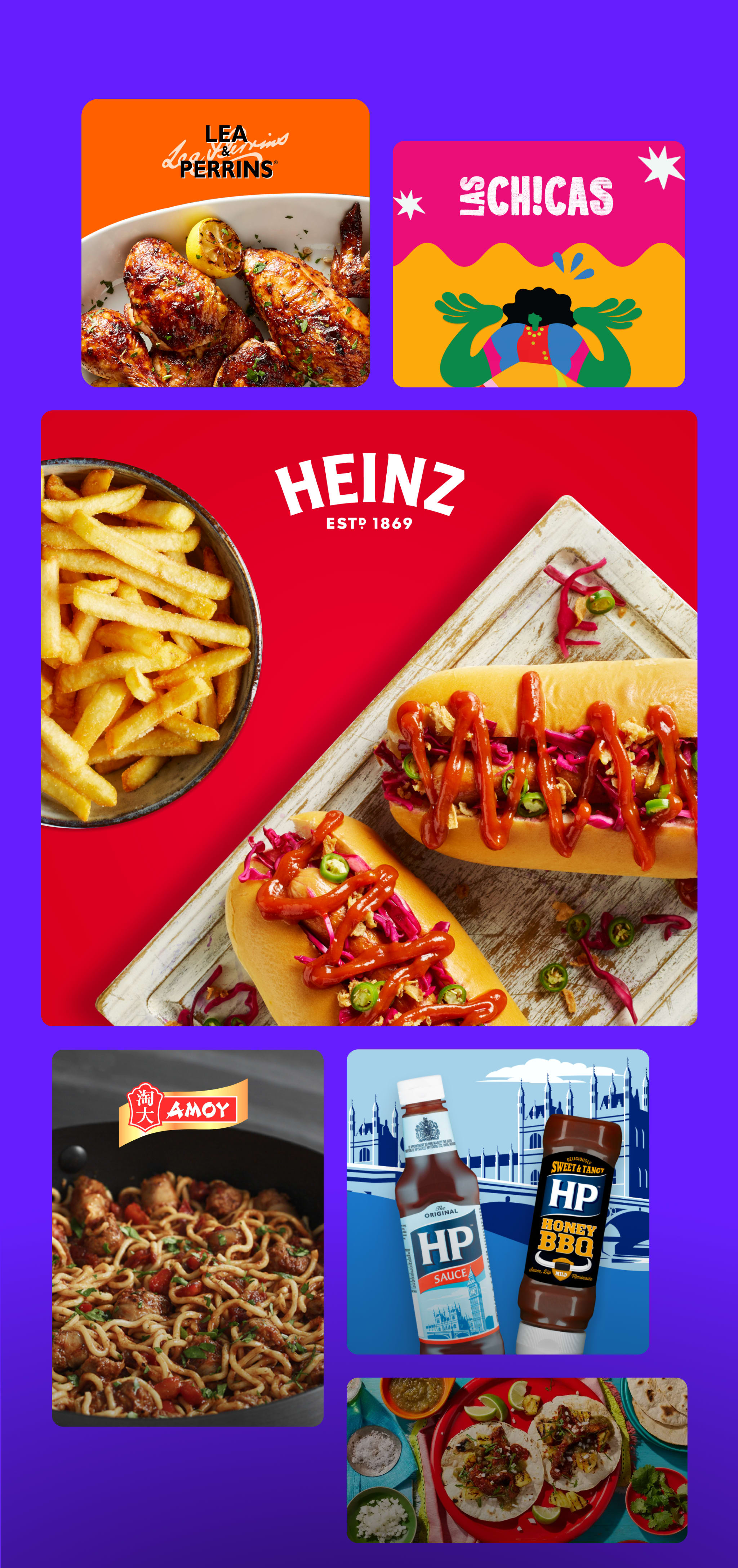 Image of various food products and brands, including sauces, noodles, and tacos.